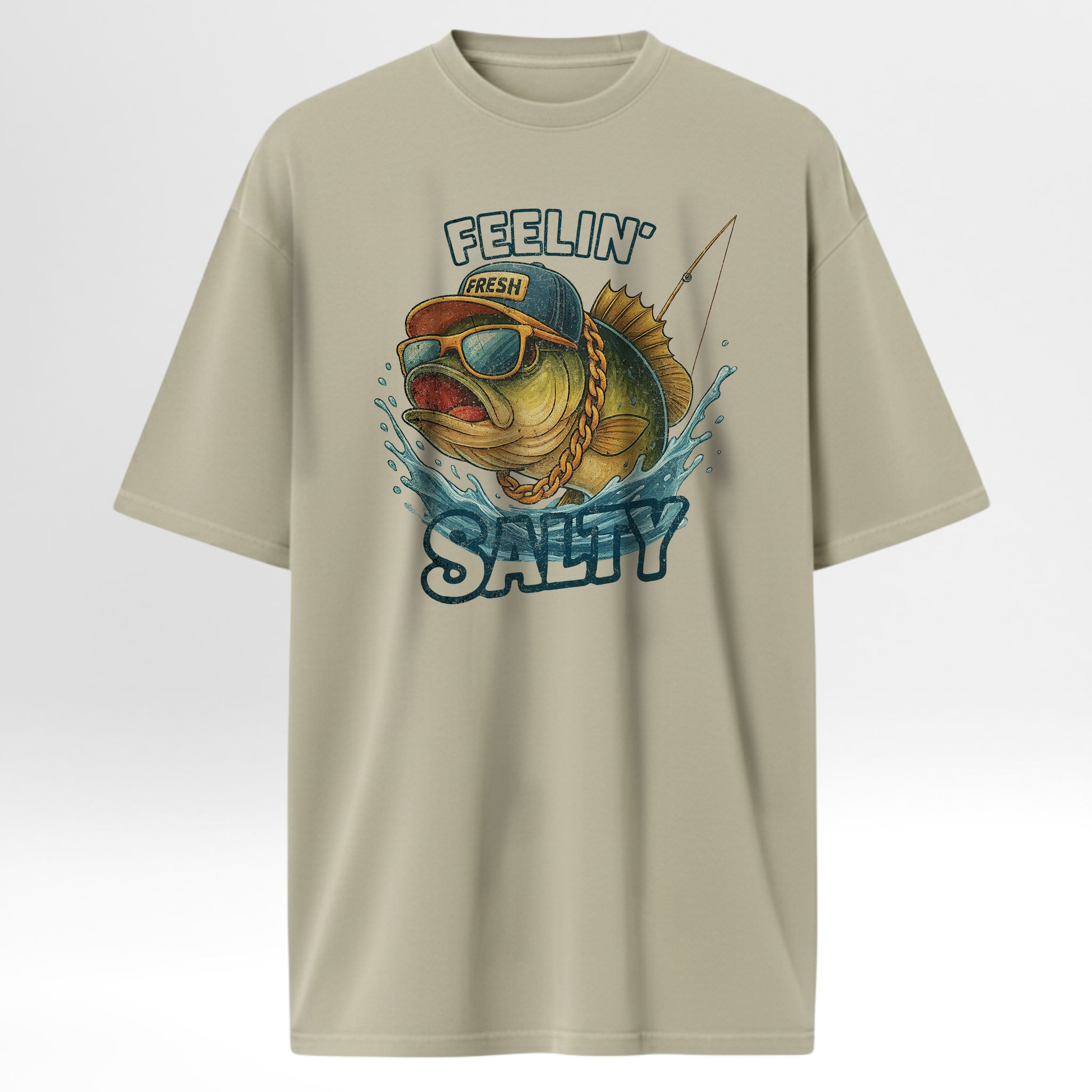Beige fishing t-shirt with fishing graphic and text 'Feeling Salty'.