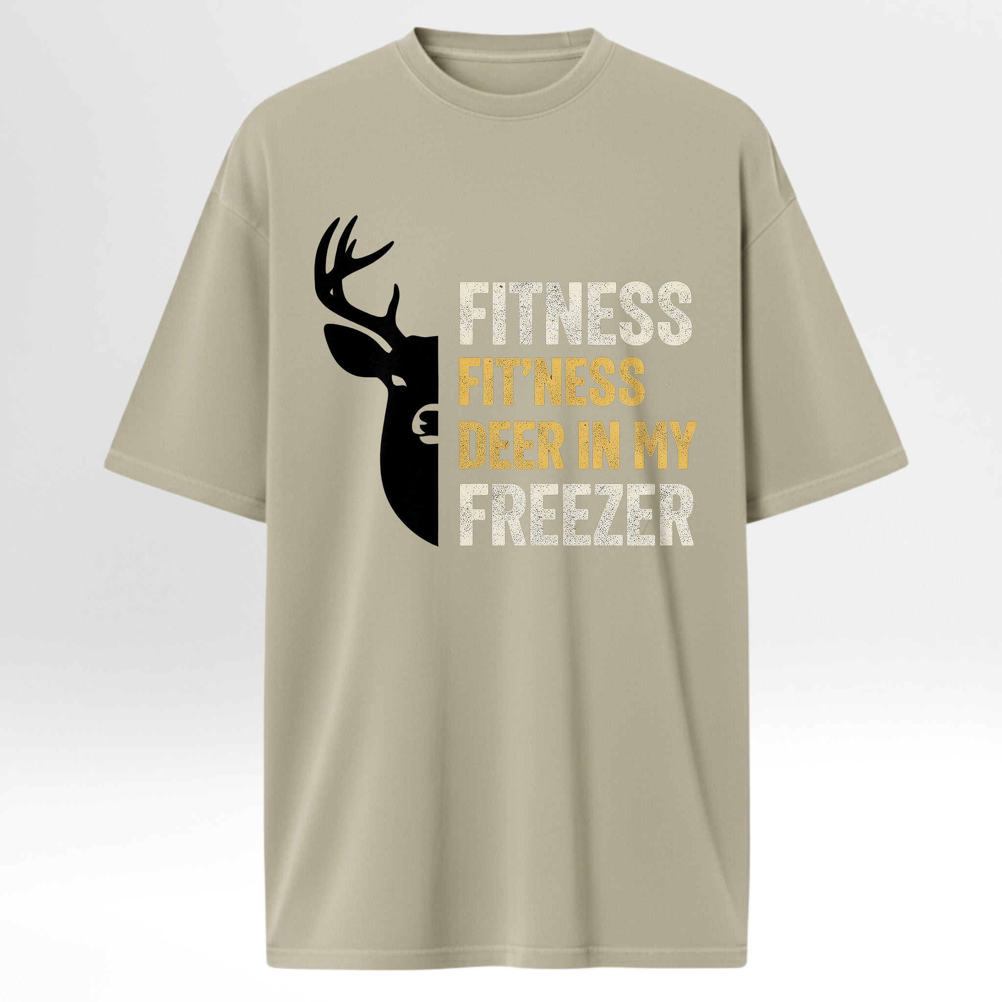 Beige hunting graphic t-shirt with a graphic of a deer head and text on a white background