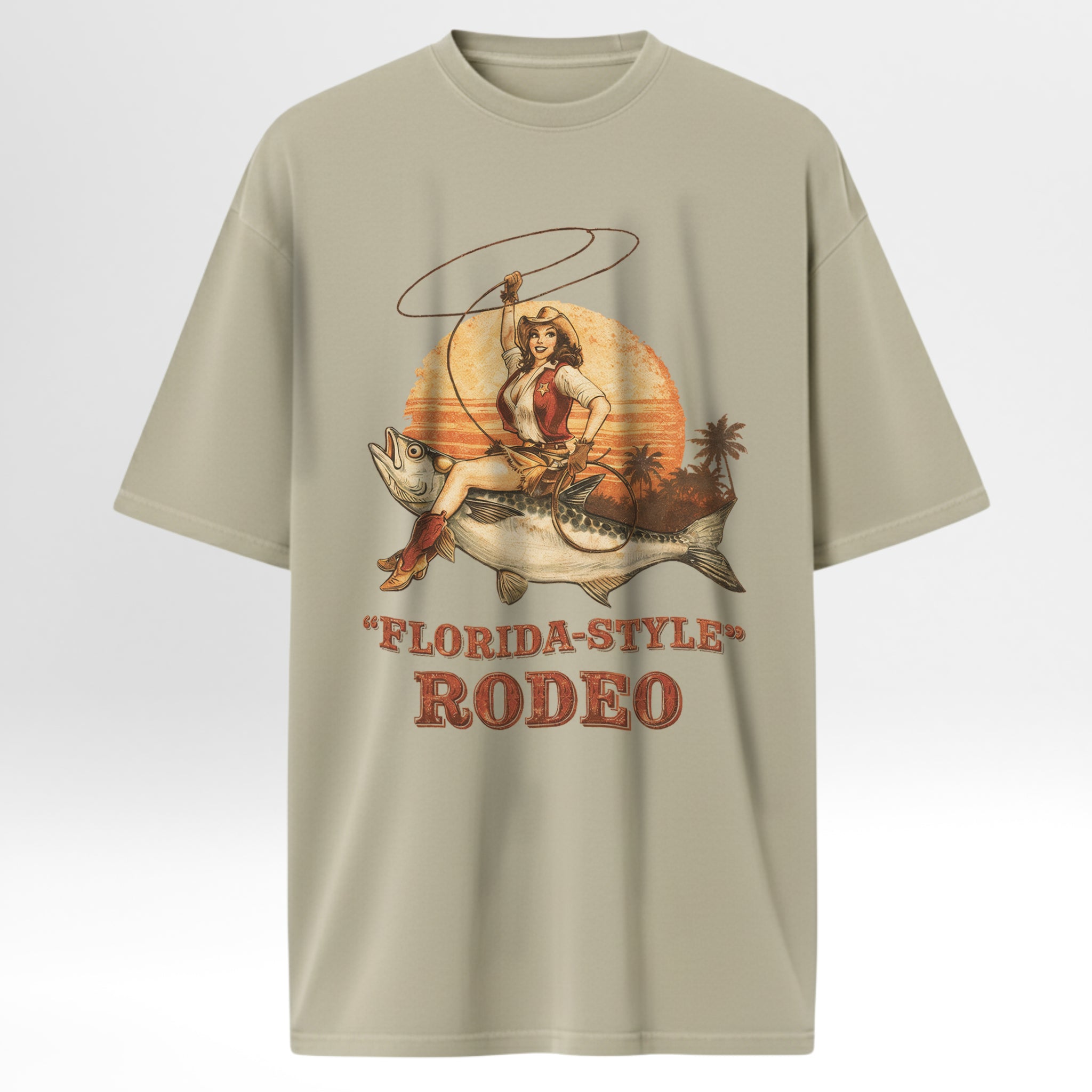 Beige fishing t-shirt with a graphic of a woman on a horse and text 'Florida-Style Rodeo' 