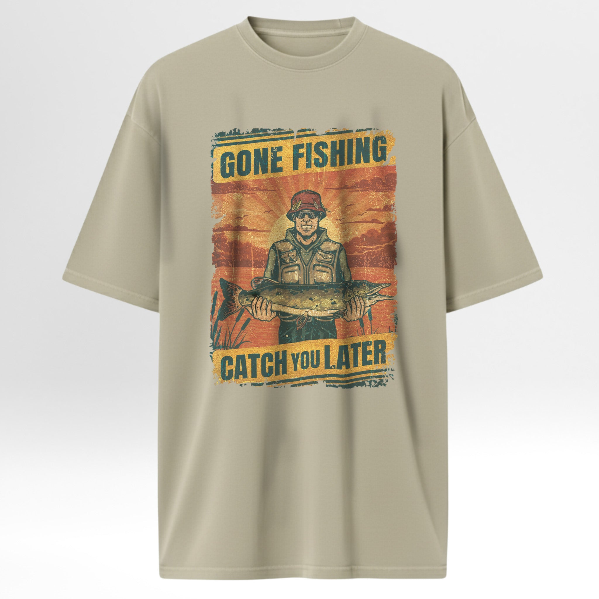 Beige fishing t-shirt with fishing graphic and text 'Gone Fishing Catch You Later'.