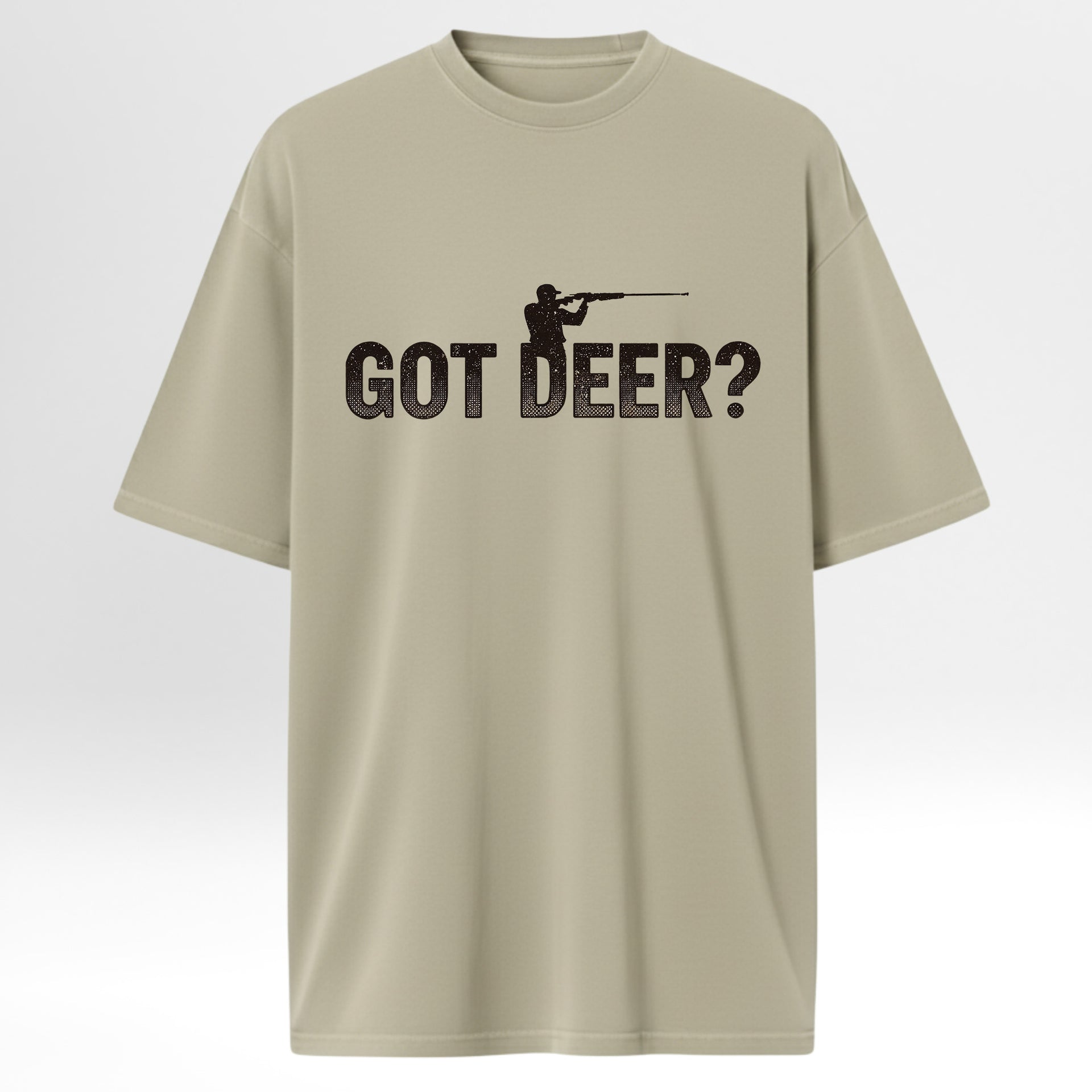 Beige hunting graphic t-shirt with 'GOT DEER?' text and graphic on a white background