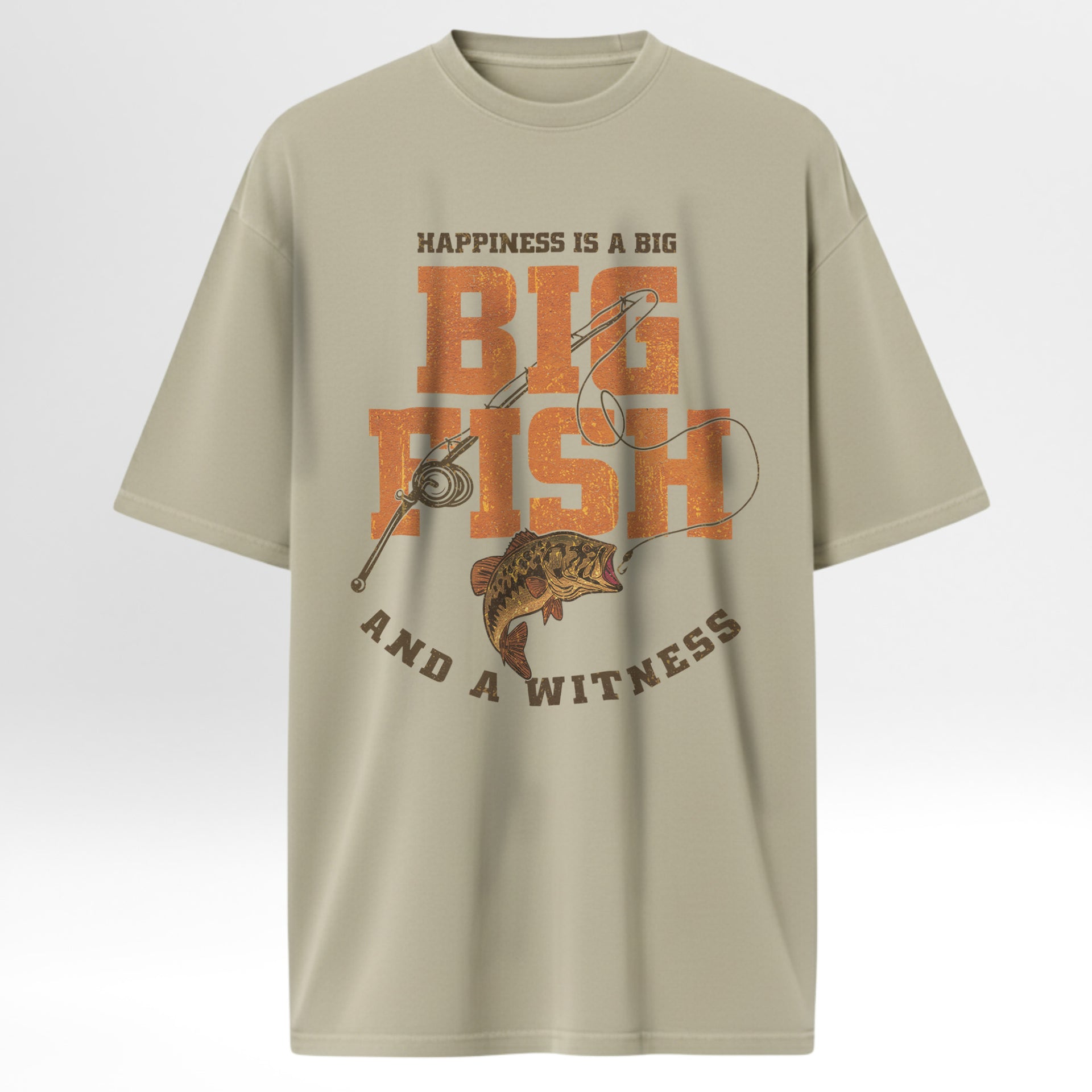 Beige fishing t-shirt with fishing graphic and text on a white background