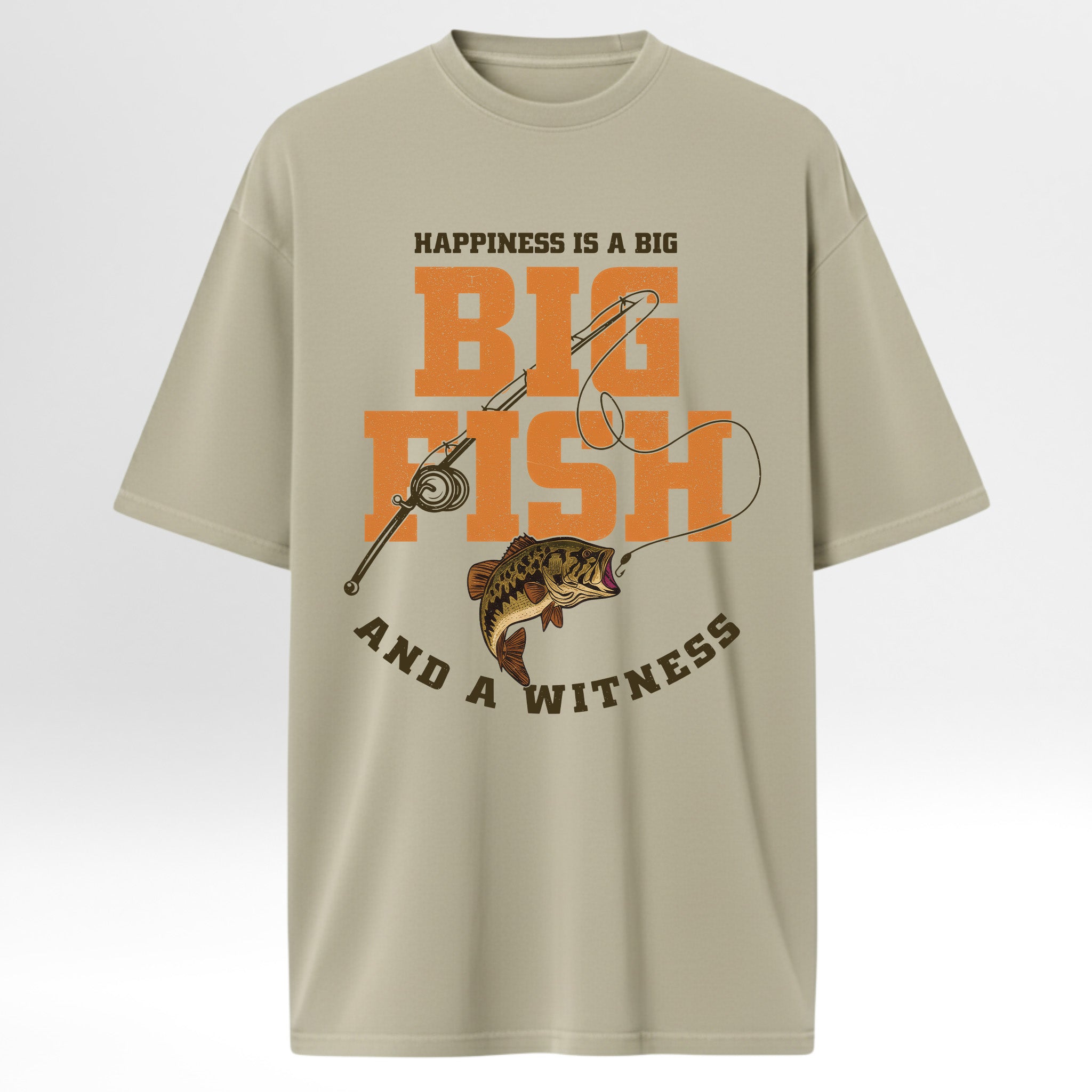 Beiget-shirt with fishing graphic and text 'Happiness Is A Big Big Fish And A Witness'