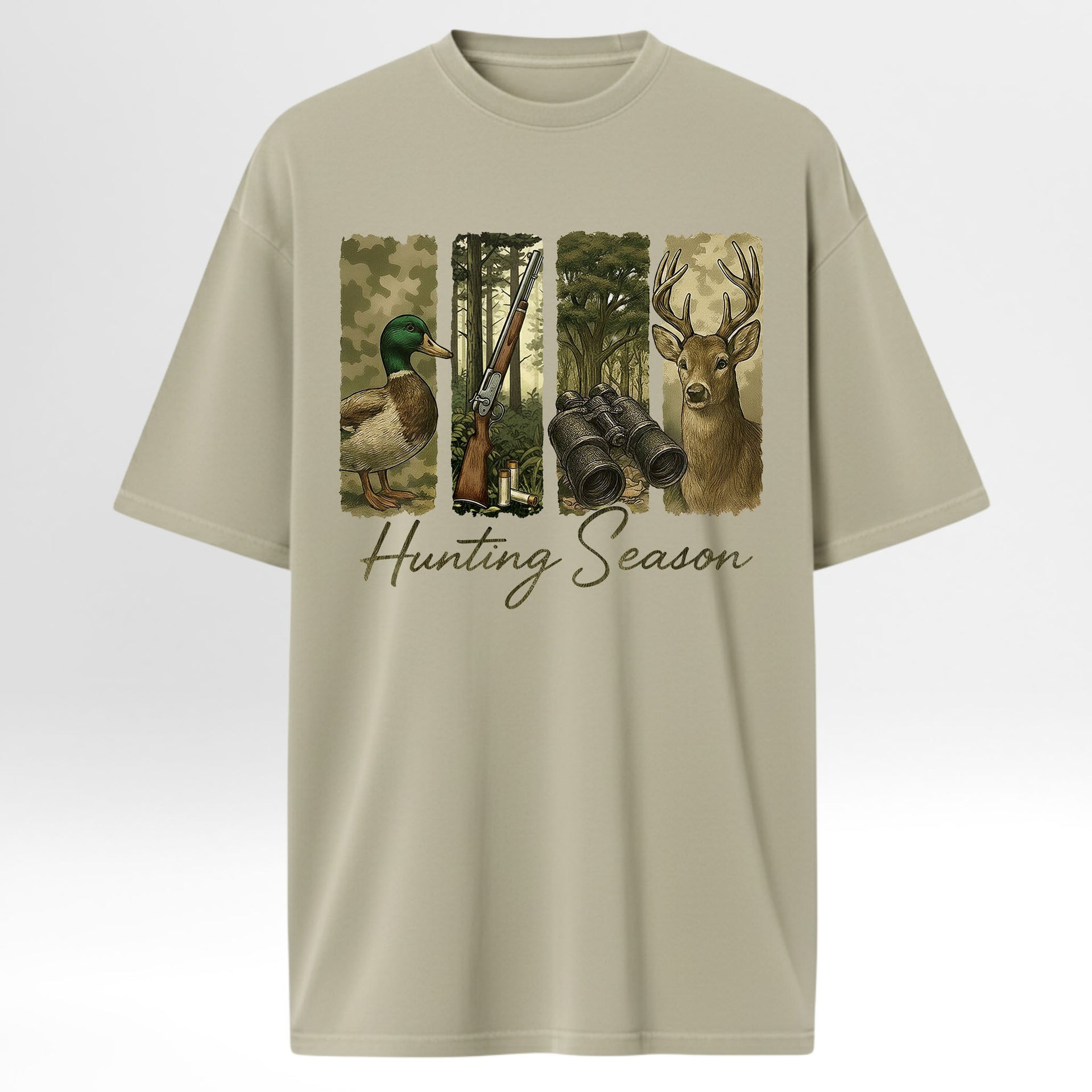 Beige hunting graphic t-shirt with hunting-themed graphic and 'Hunting Season' text on a white background
