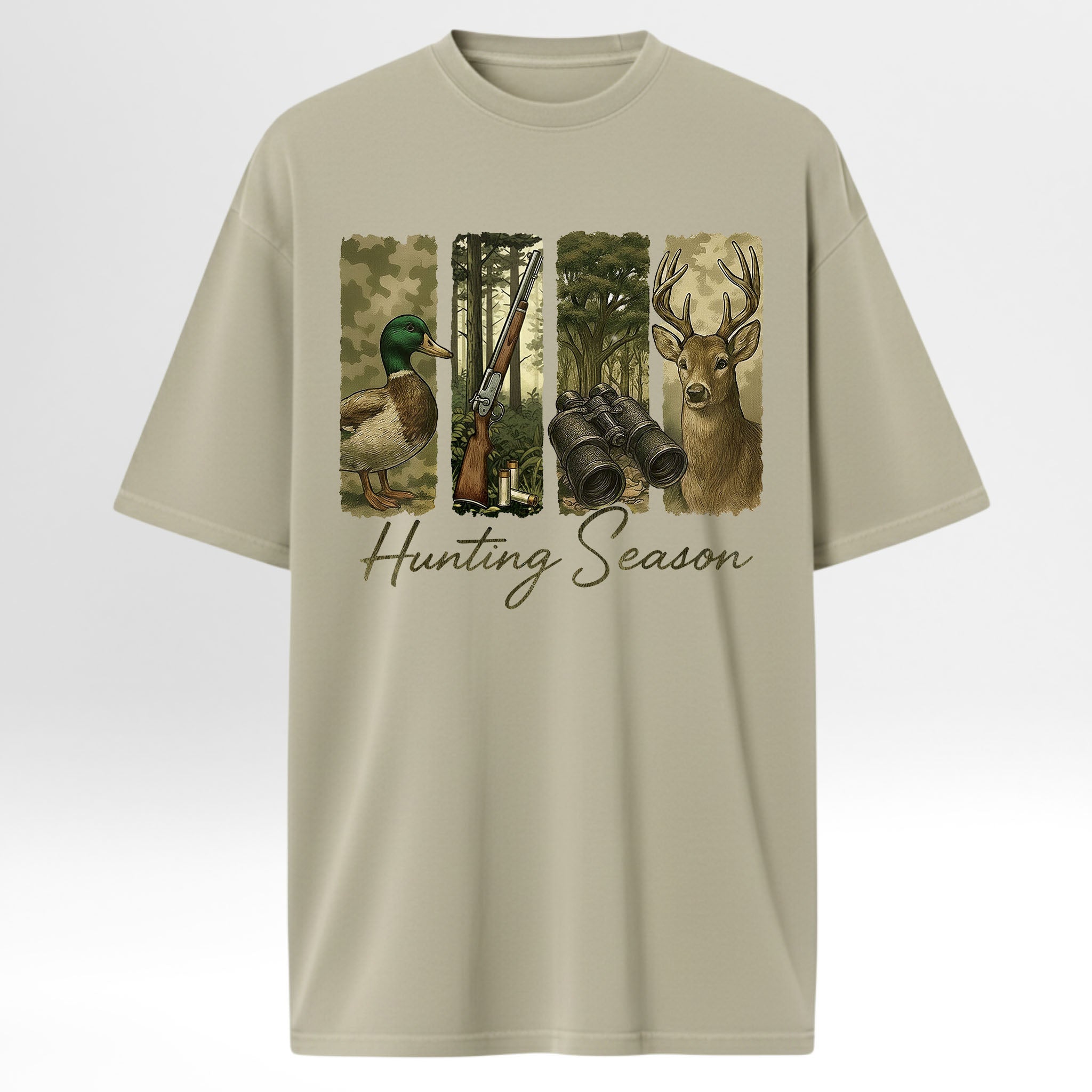 Beige hunting graphic t-shirt with hunting-themed graphic and 'Hunting Season' text on a white background