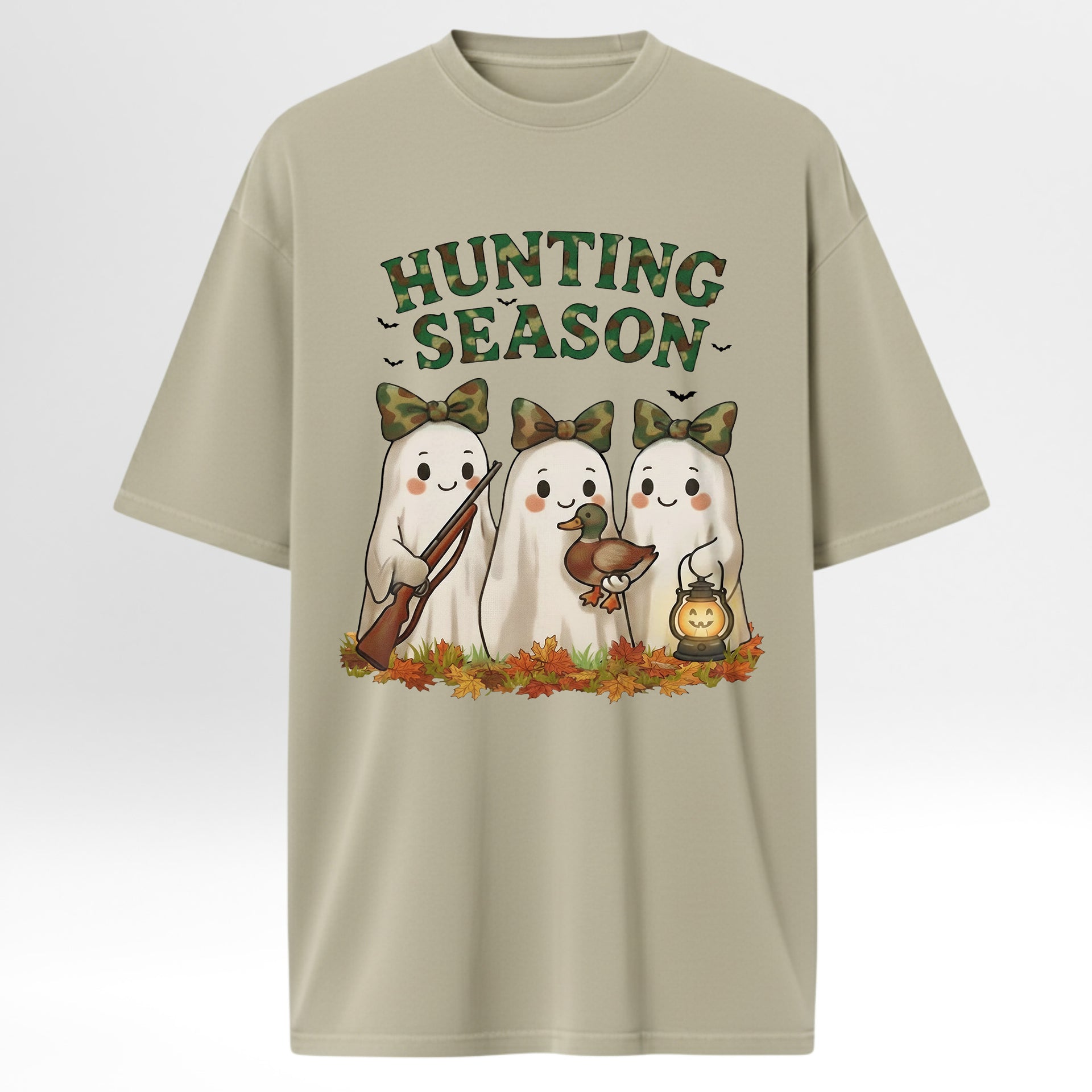 Beige hunting graphic t-shirt with cartoon ghosts and 'Hunting Season' text on a white background