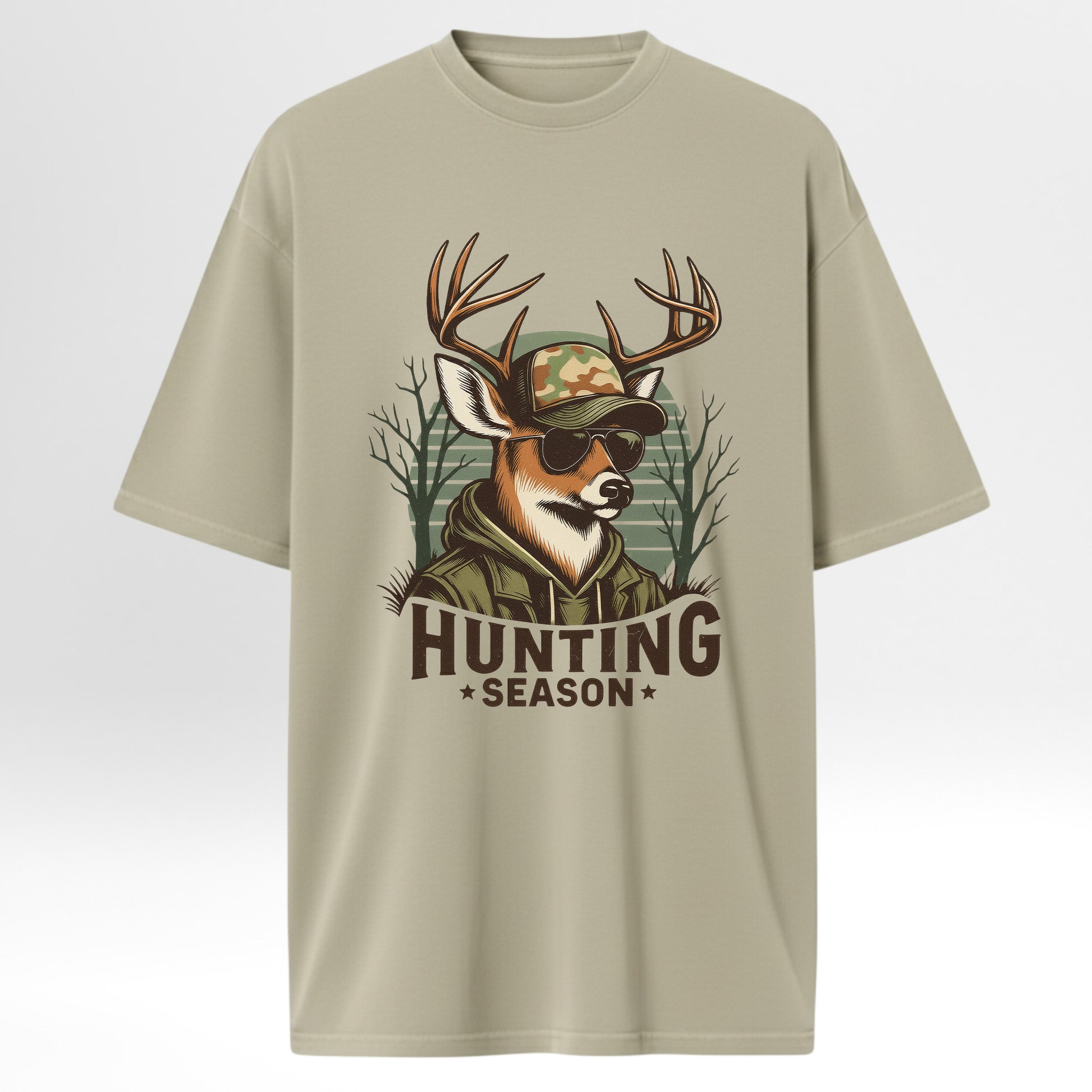 Beige hunting graphic t-shirt with a graphic of a deer wearing sunglasses and a cap, with 'Hunting Season' text.