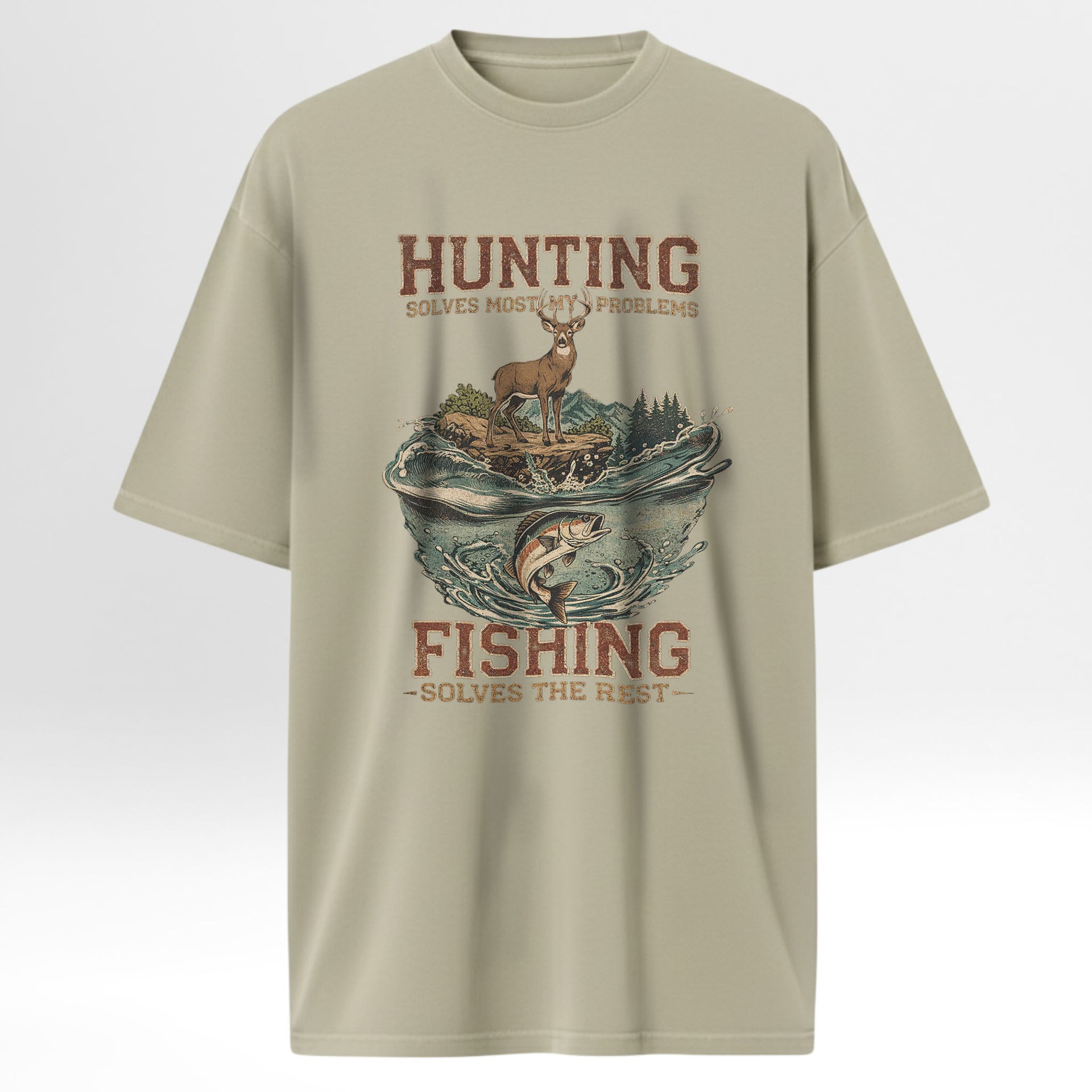 Beige fishing t-shirt with hunting and fishing graphic and text on a white background