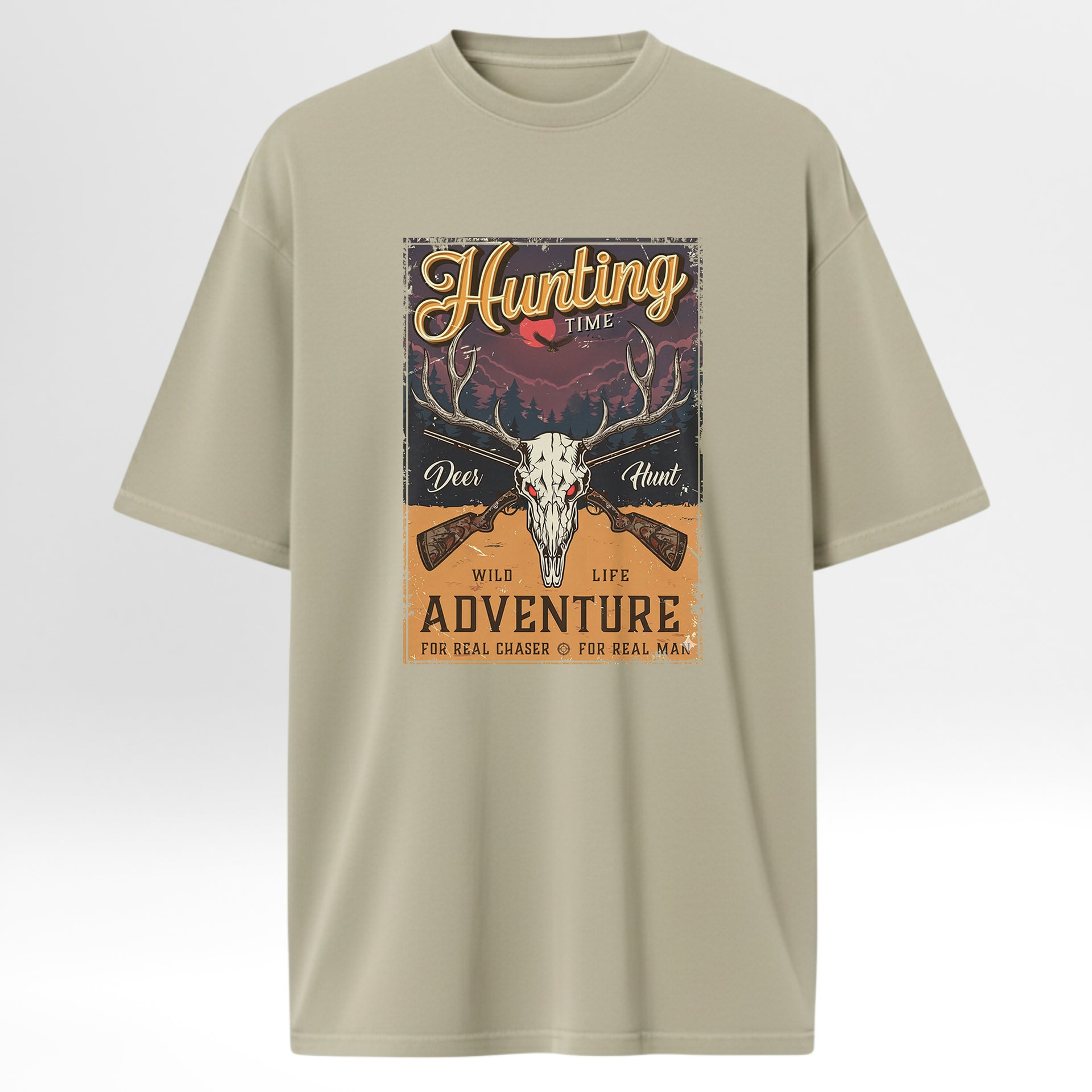 Beige t-shirt with hunting-themed graphic design with text 'Hunting Time Deer Hunt Wild Life Adventure For Real Chaser For Real Man'