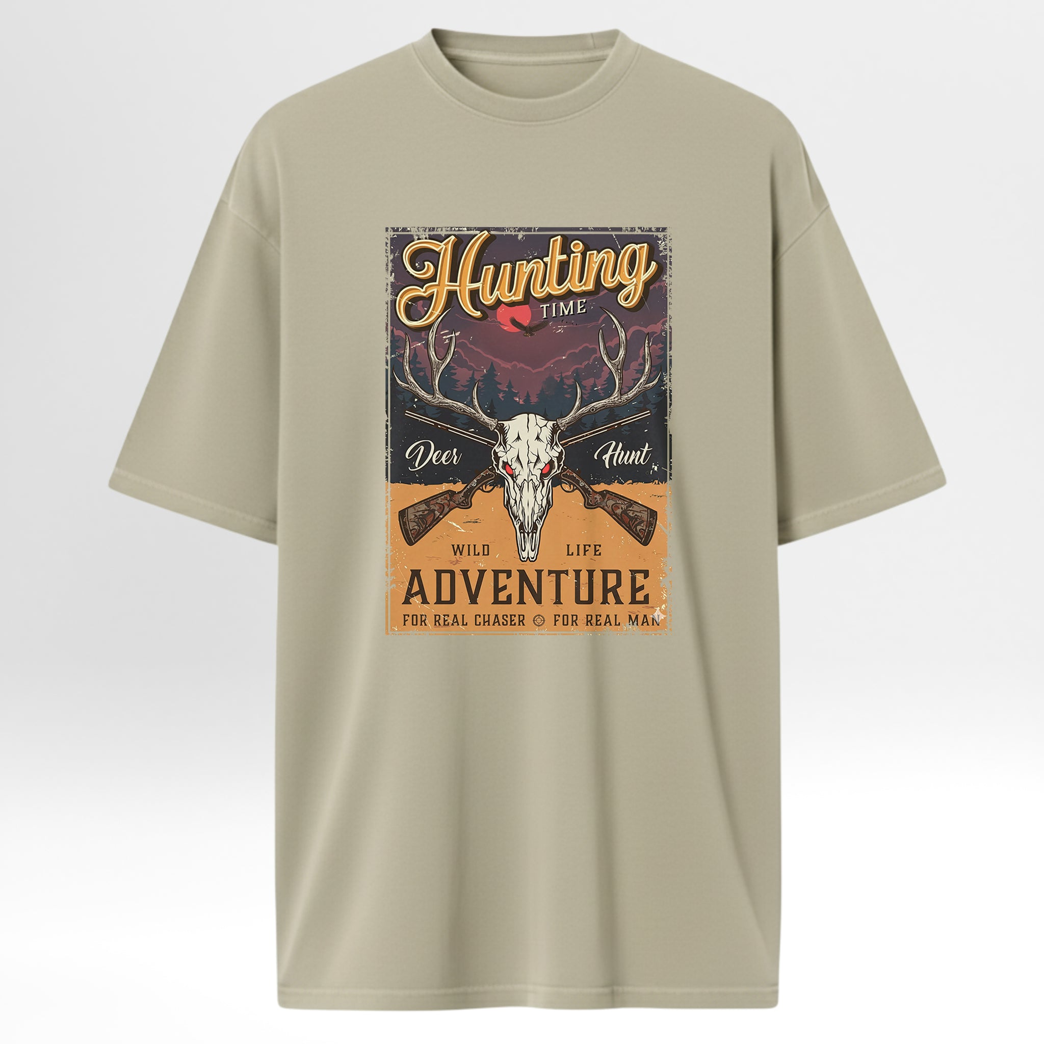 Beige t-shirt with hunting-themed graphic design with text 'Hunting Time Deer Hunt Wild Life Adventure For Real Chaser For Real Man'