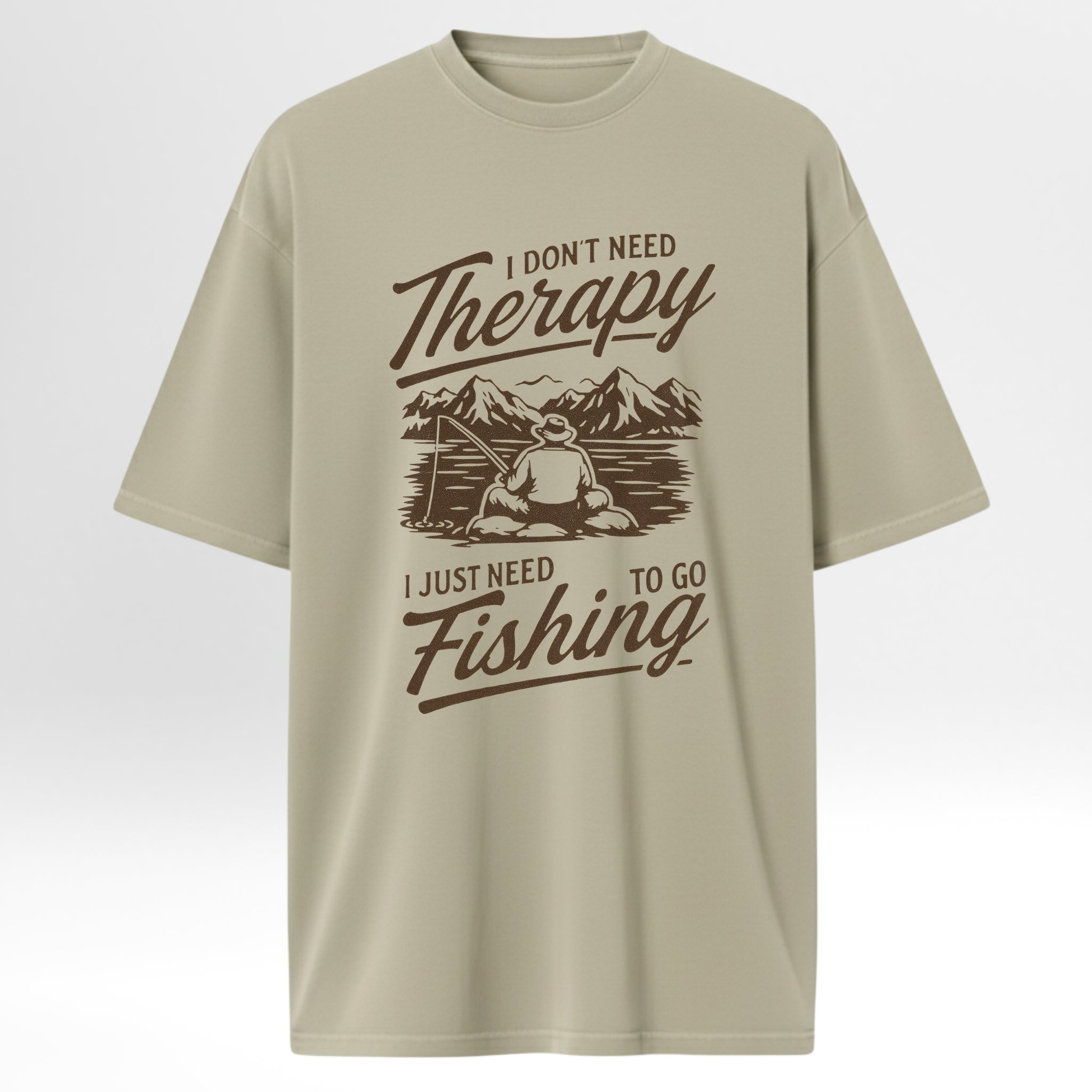 Beige fishing t-shirt with fishing graphic and text 'I Don't Need Therapy I Just Need To Go Fishing'