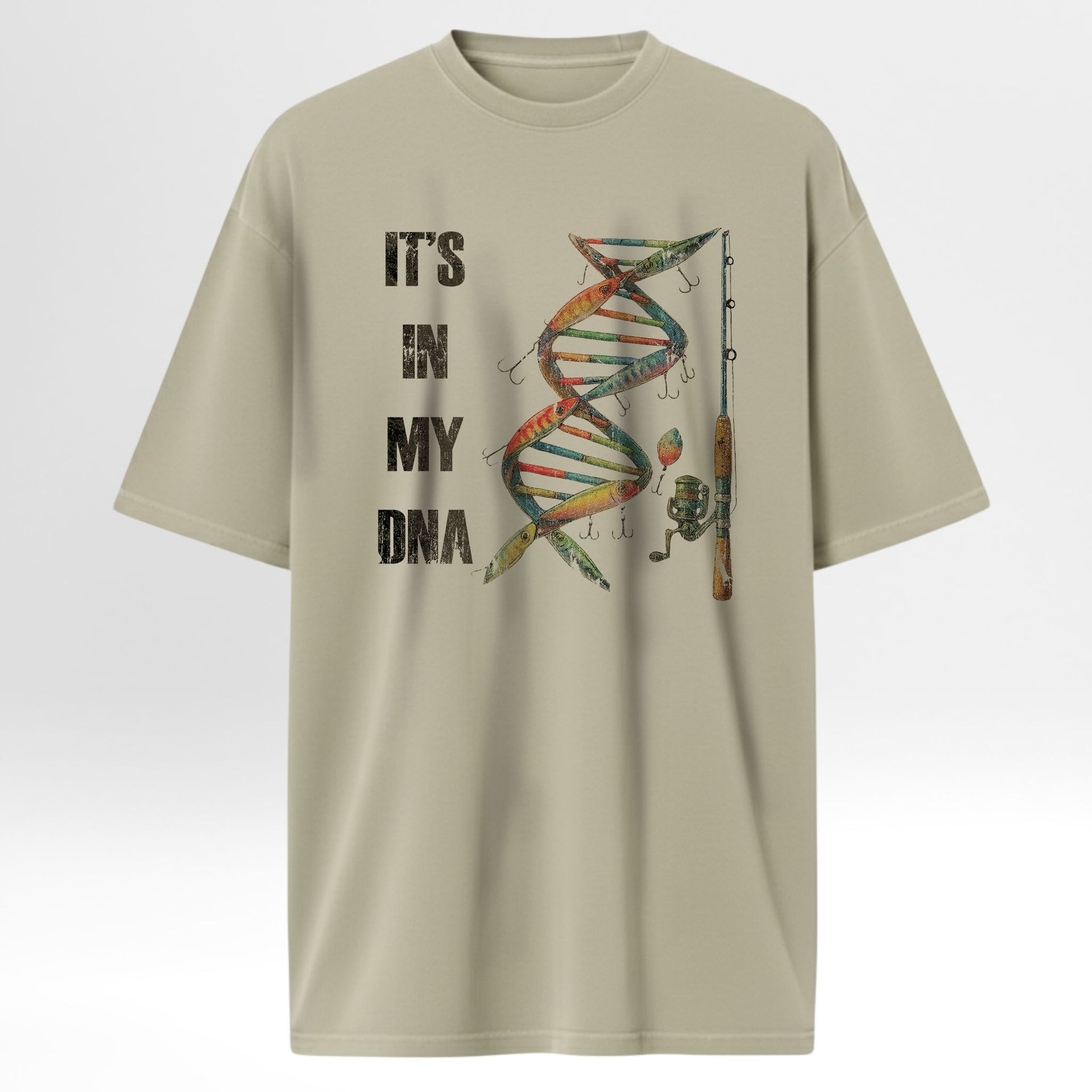 Beige fishing t-shirt with DNA graphic and text 'It's in my DNA'.