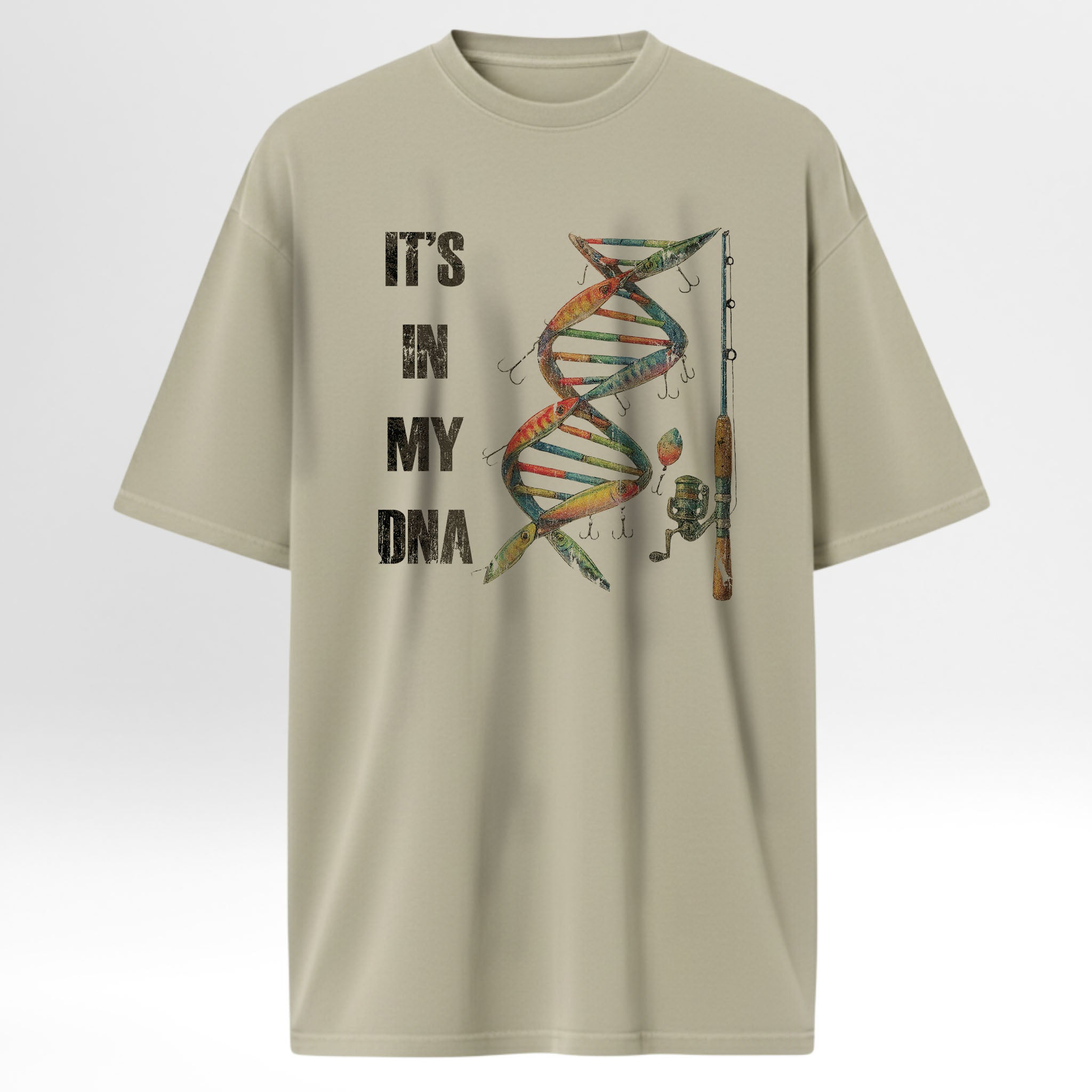 Beige fishing t-shirt with DNA graphic and text 'It's in my DNA'.