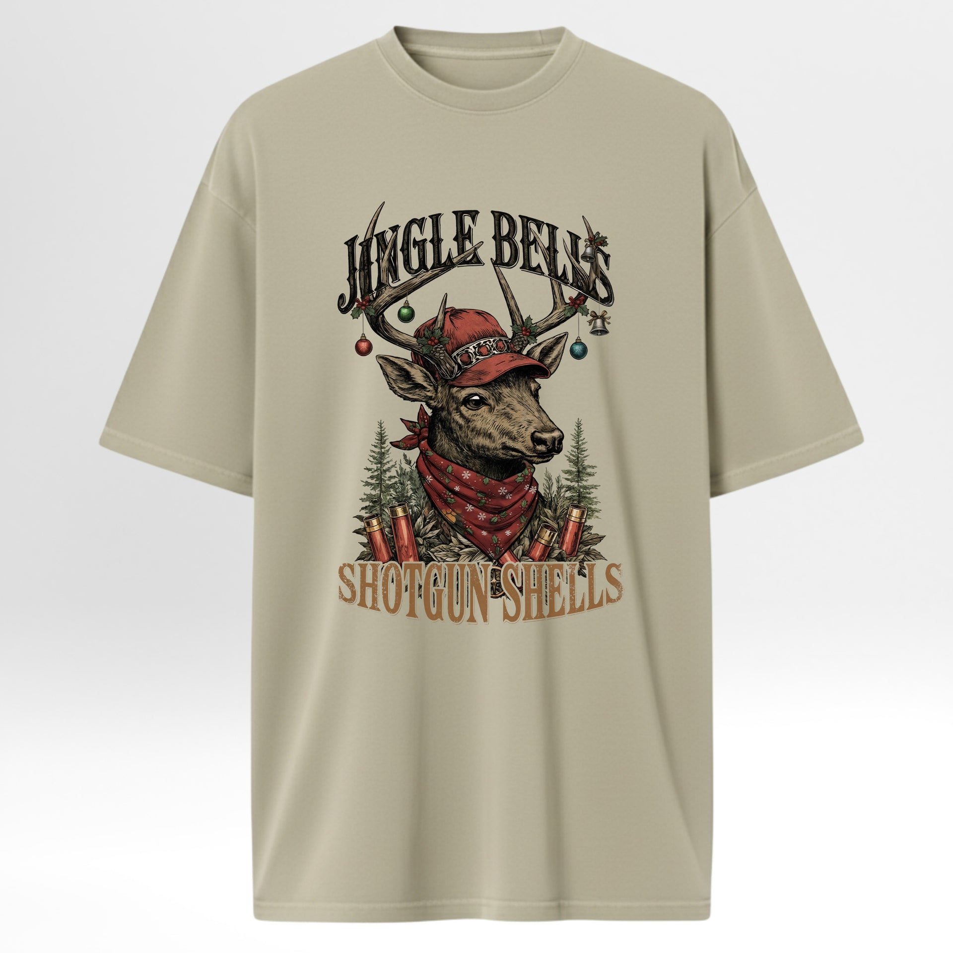 Beige hunting graphic t-shirt with a graphic of a deer wearing a red bandana and text on a white background