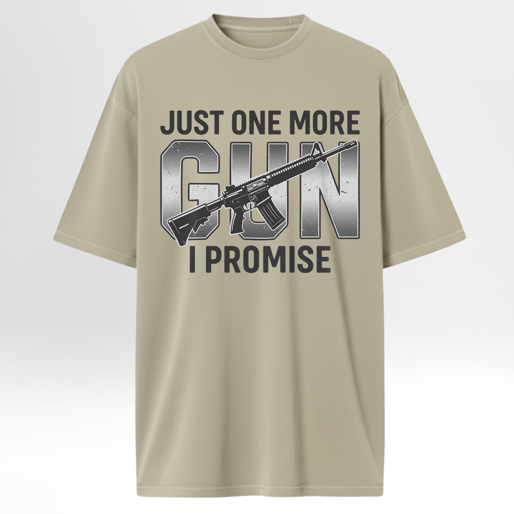 Beige hunting graphic t-shirt with graphic design and text on a white background