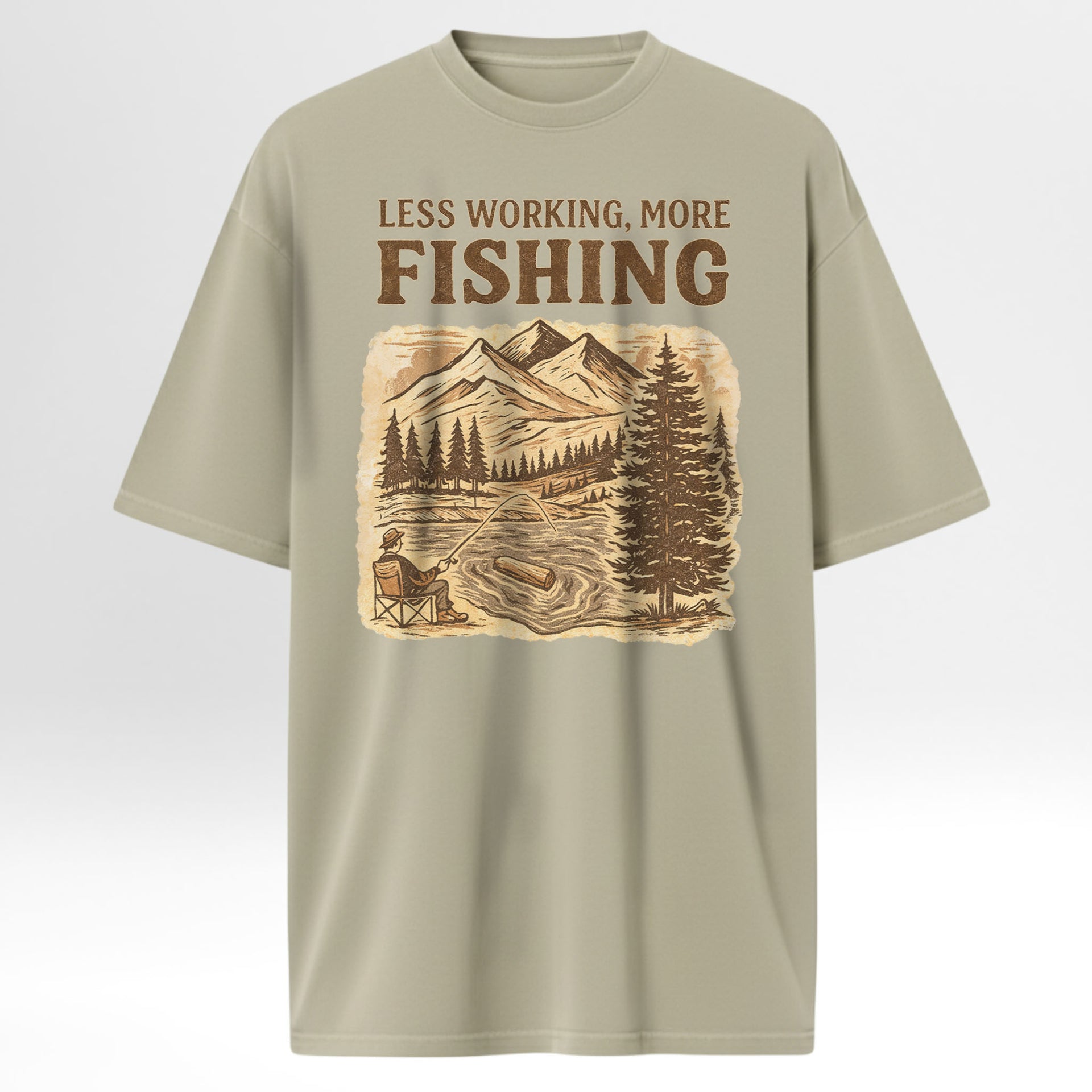 Beige fishing t-shirt with fishing graphic and text 'LESS WORKING. MORE FISHING'.