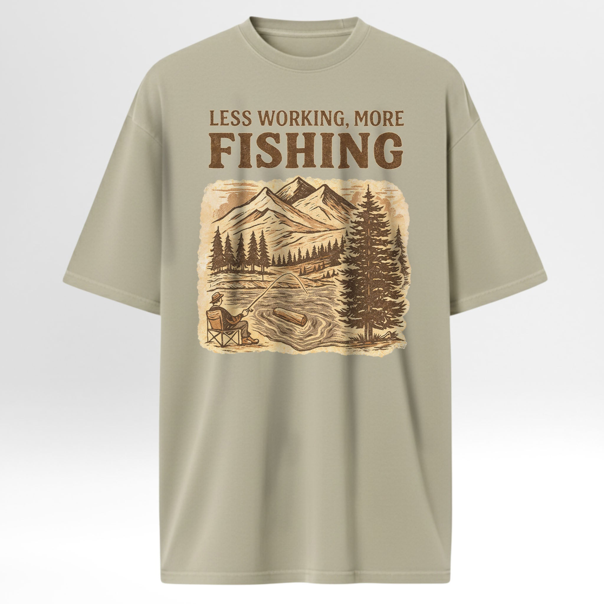 Beige fishing t-shirt with fishing graphic and text 'LESS WORKING. MORE FISHING'.