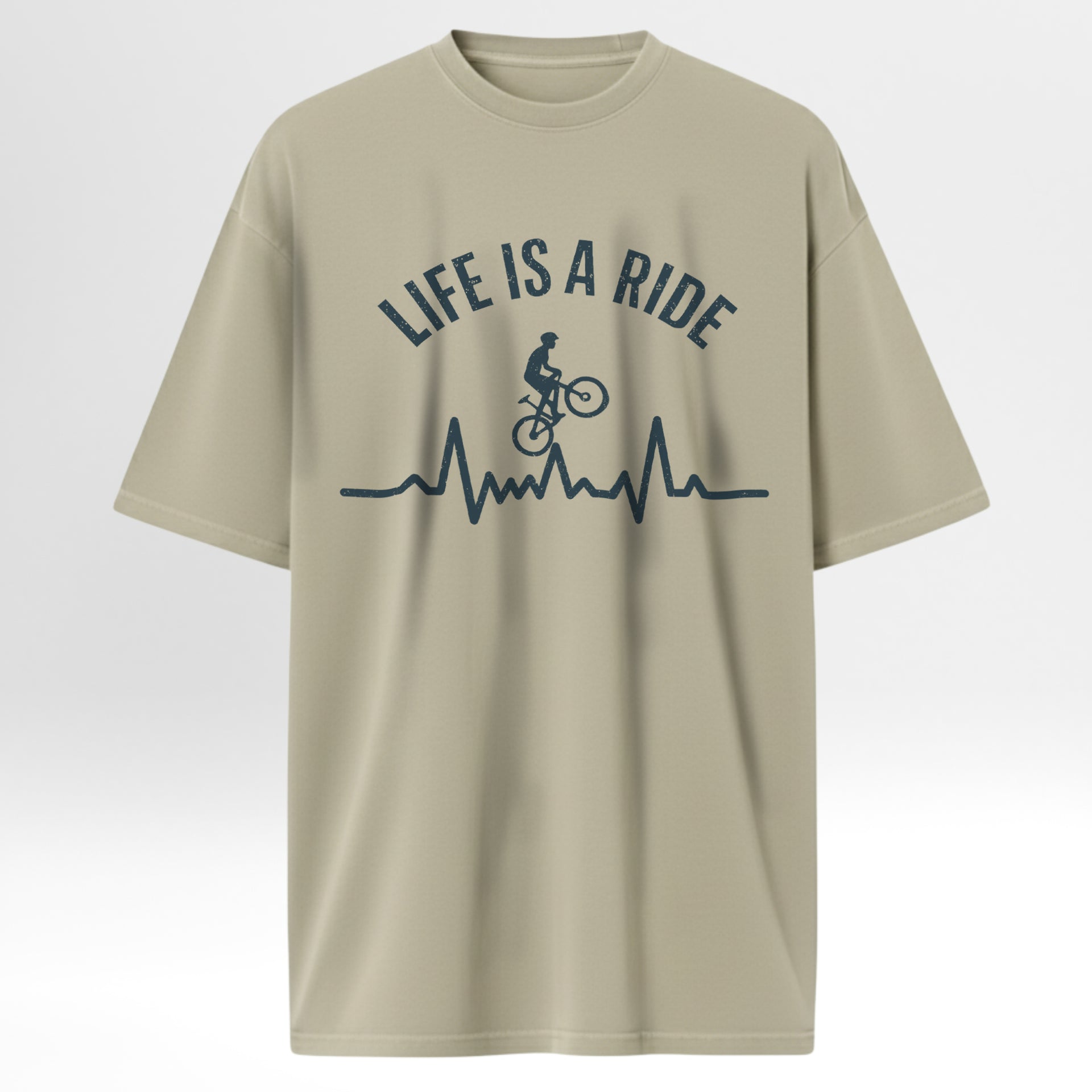 Beige t-shirt with 'Life is a Ride' graphic design 