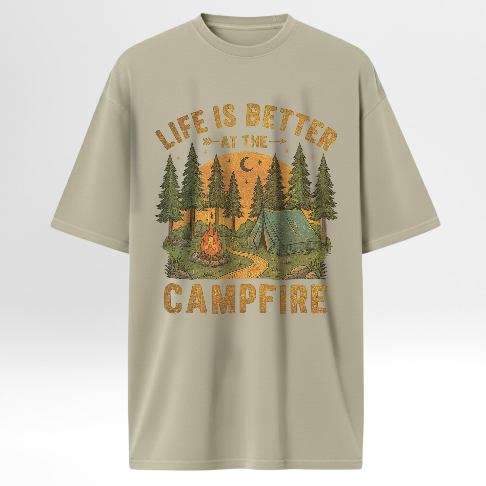 Beige camping t-shirt with camping graphic and 'Life is Better at the Campfire' text.