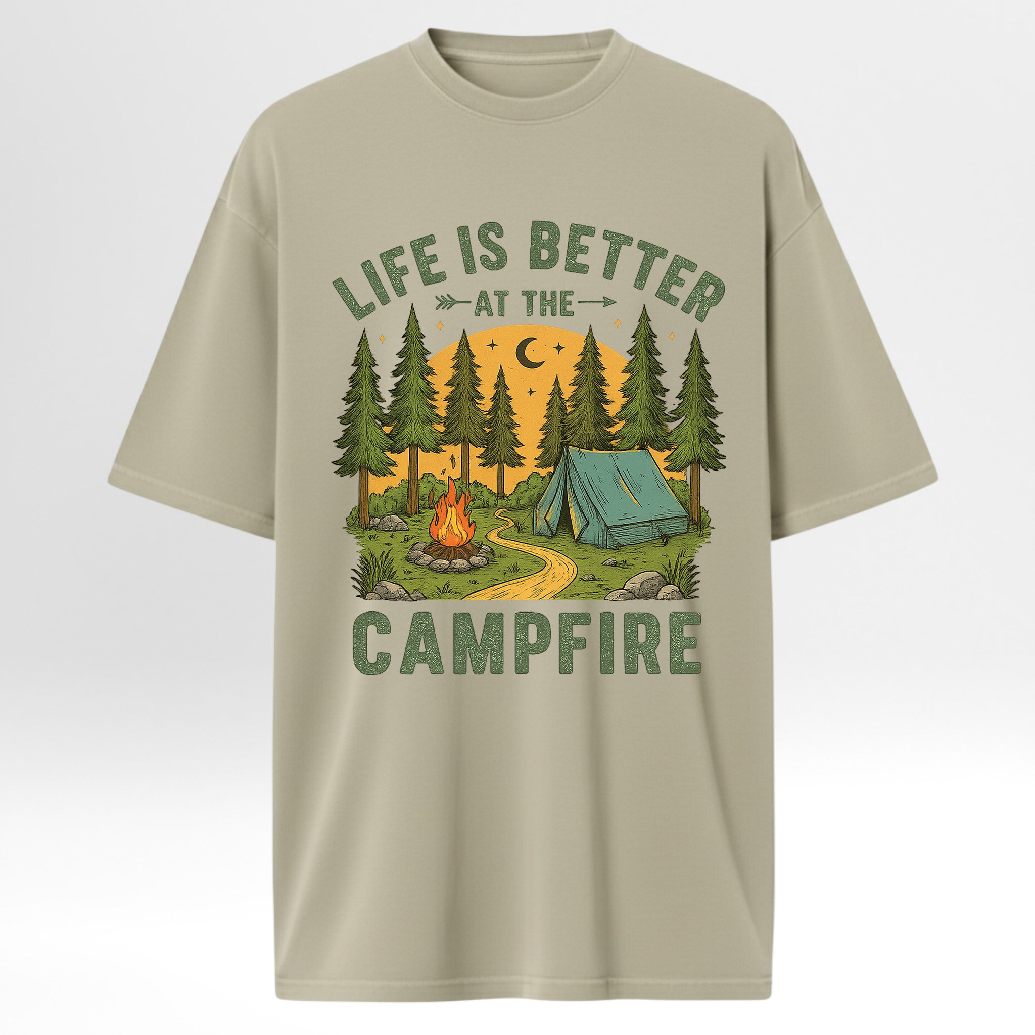 Beige camping graphic t-shirt with camping graphic and 'Life is Better at the Campfire' text on a white background