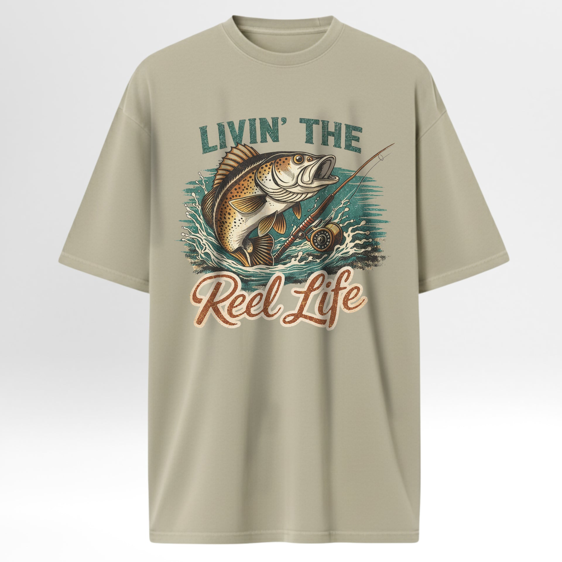 Beige fishing t-shirt with fishing graphic and 'Livin' the Reel Life' text.