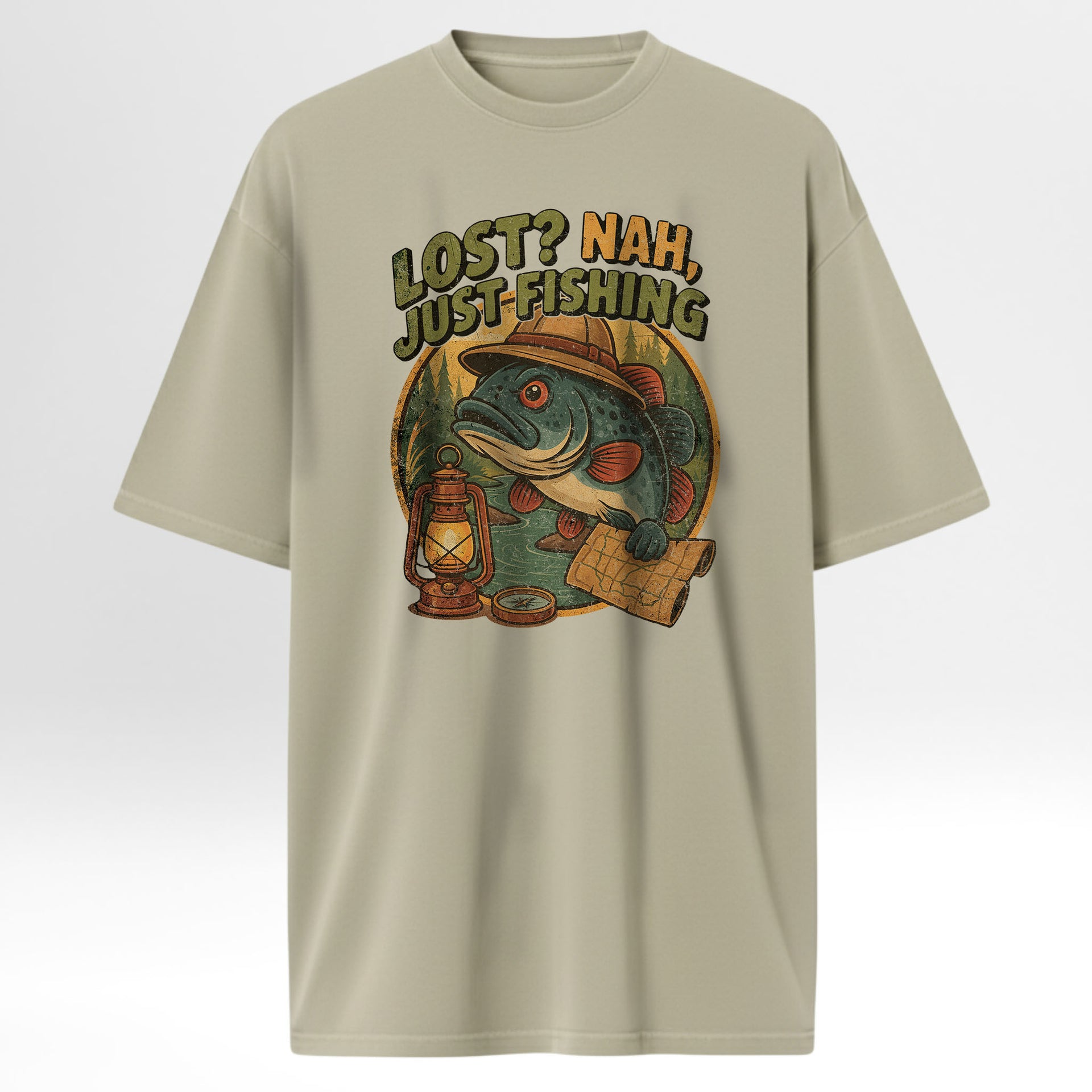 Beige fishing t-shirt with fishing-themed graphic and text 'Lost? Nah, Just Fishing'.