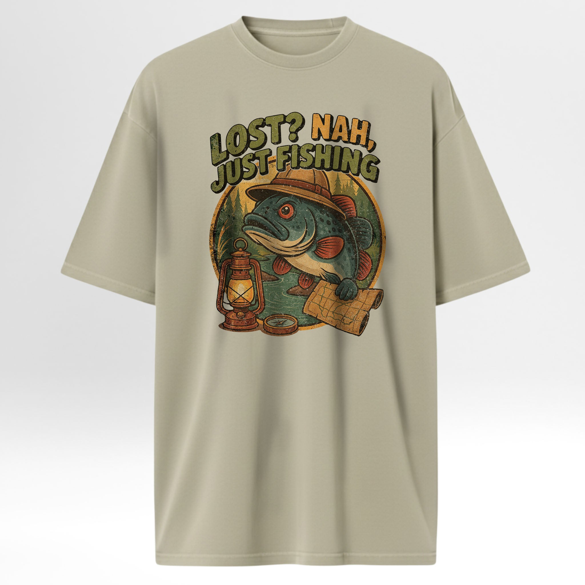 Beige fishing t-shirt with fishing-themed graphic and text 'Lost? Nah, Just Fishing'.