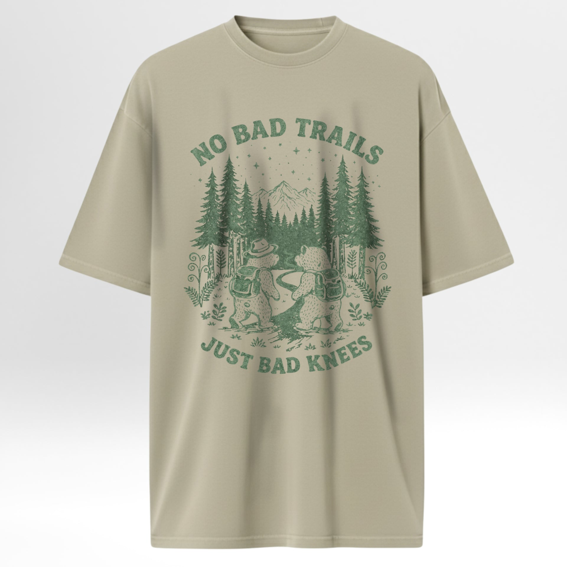 Beige  t-shirt with graphic design and text 'No Bad Trails Just Bad Knees' 