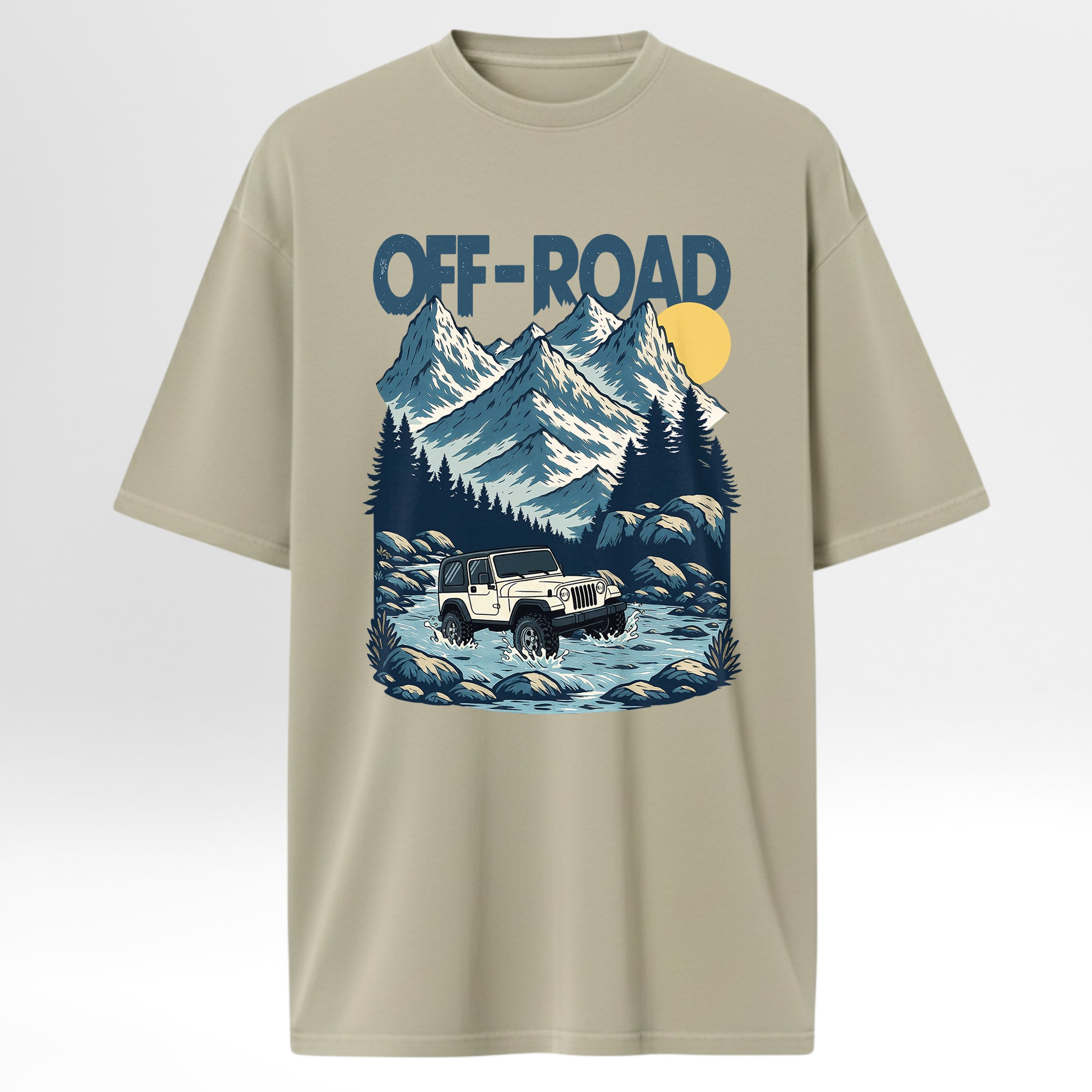 Beige t-shirt with 'Off-Road' graphic design featuring a mountain and jeep on a light gray background