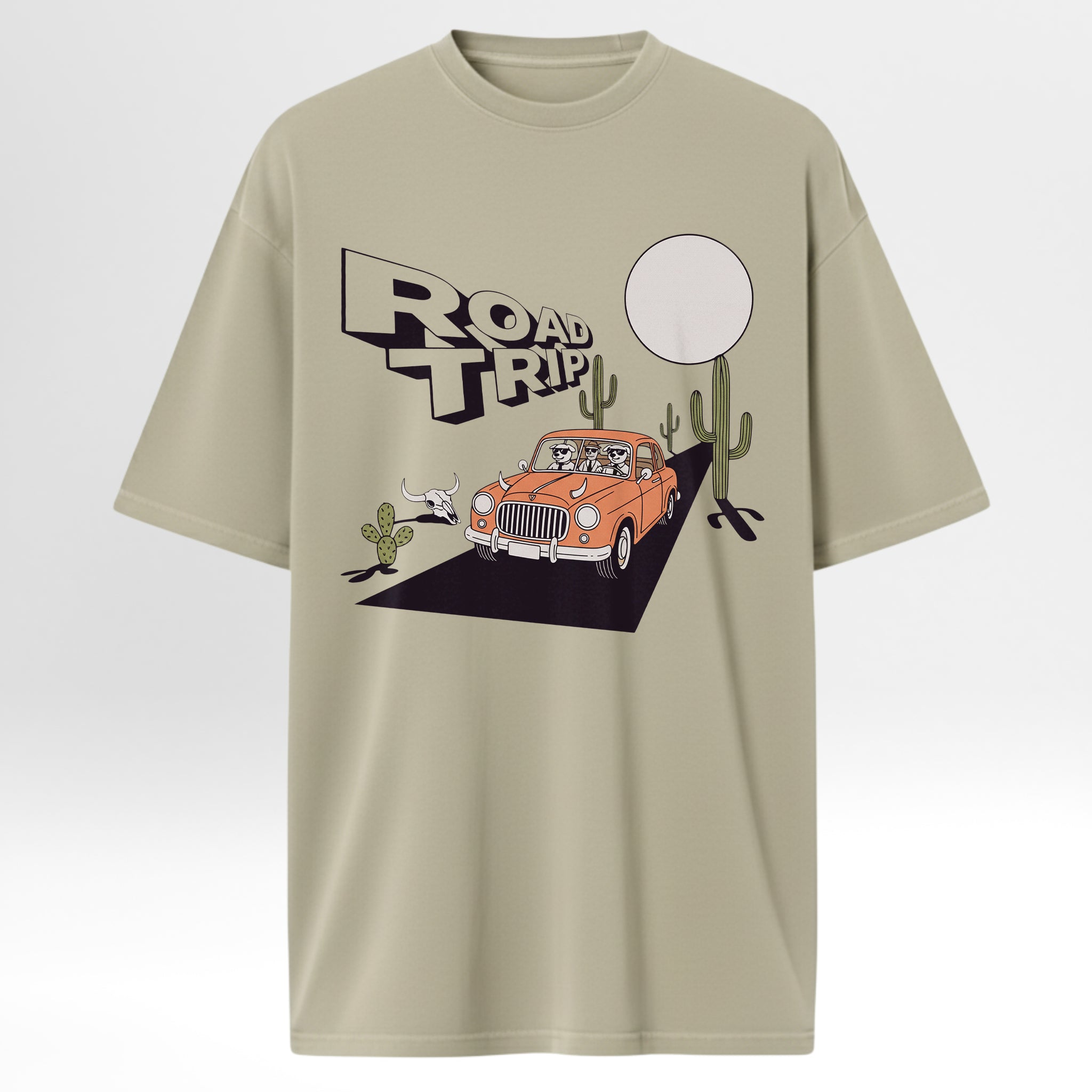 Beige t-shirt with 'Road Trip' graphic featuring a car and cacti 