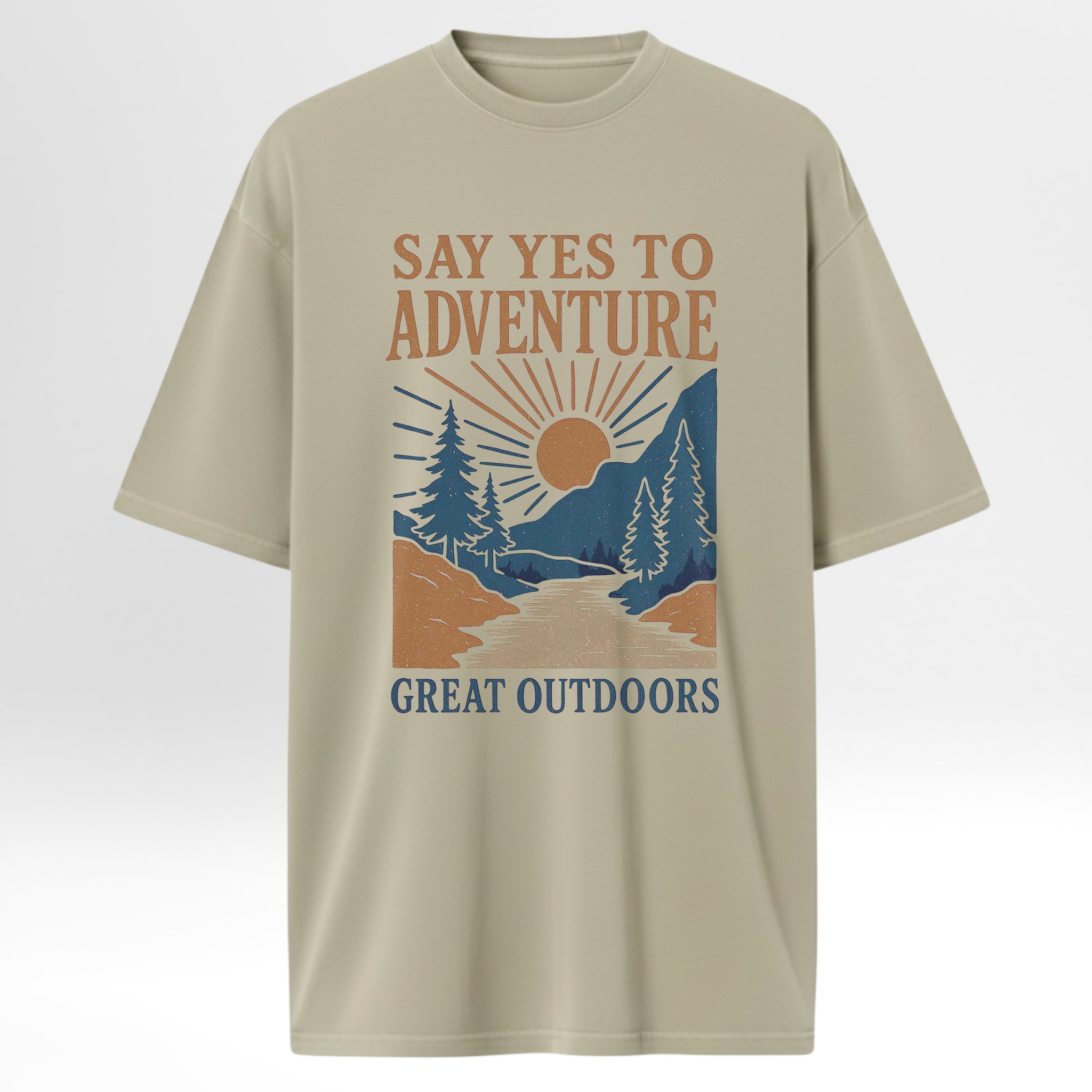 Beige trail graphic t-shirt with 'Say Yes to Adventure, Great Outdoors' graphic on a white background