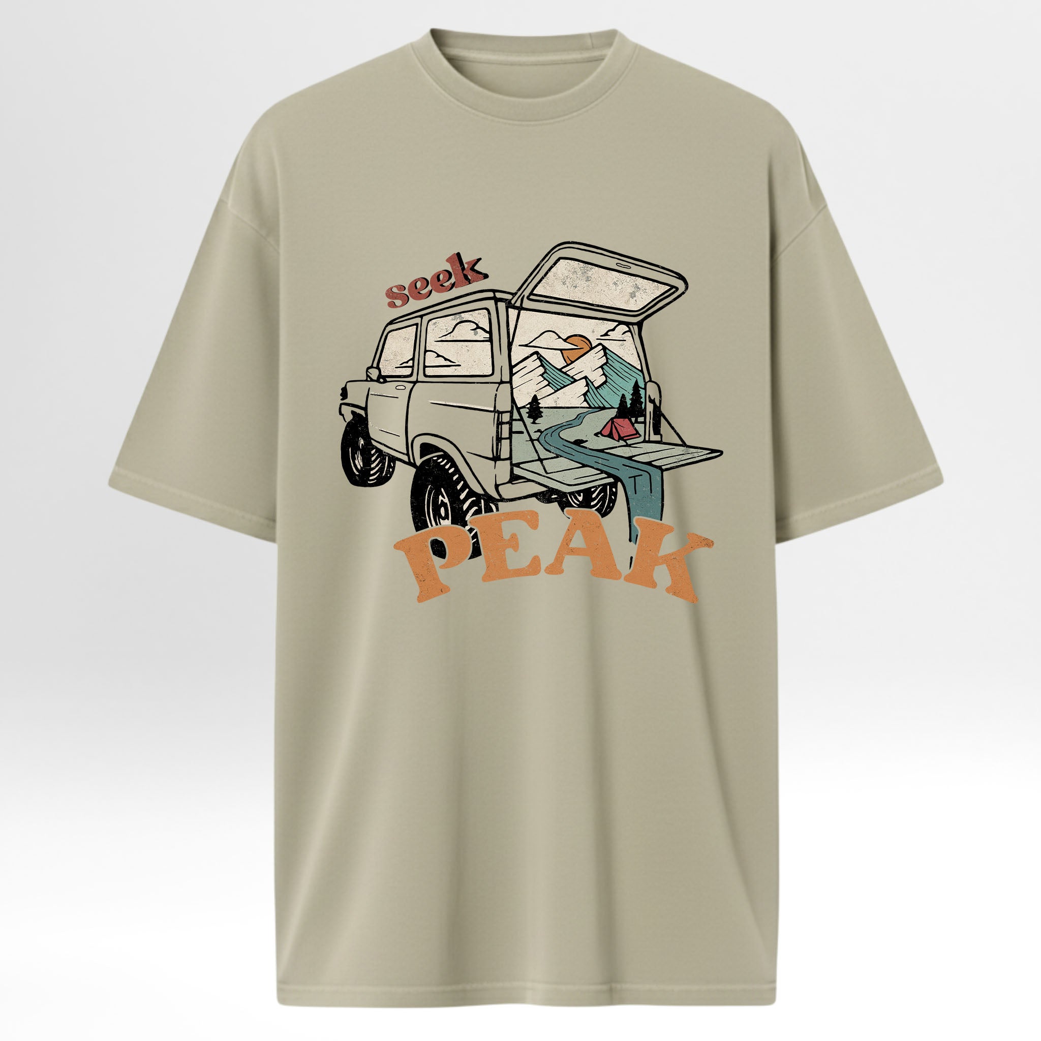 Beige t-shirt with graphic design of a car and text 'Seek Peak'