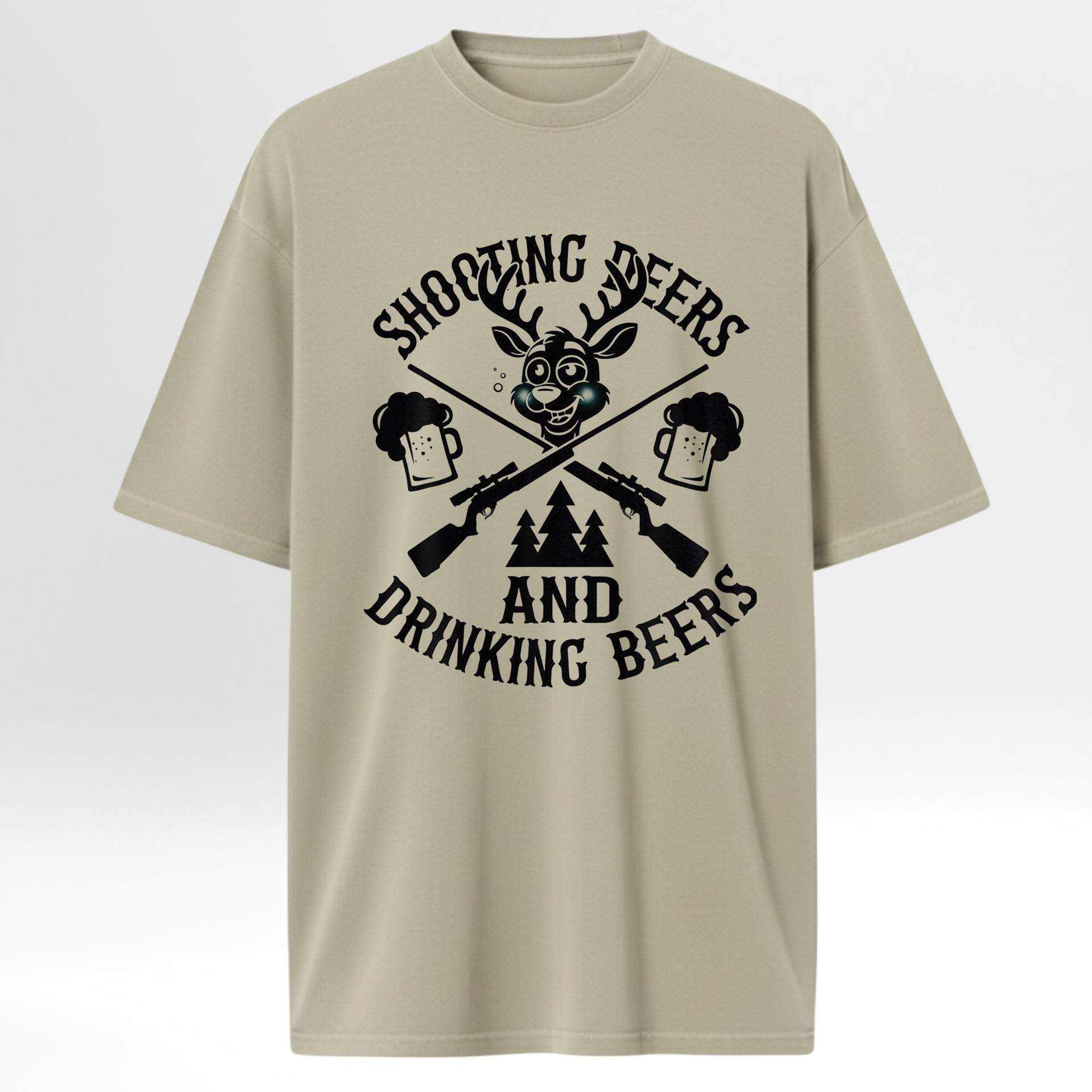 Beige hunting graphic t-shirt with black graphic design and text on a white background
