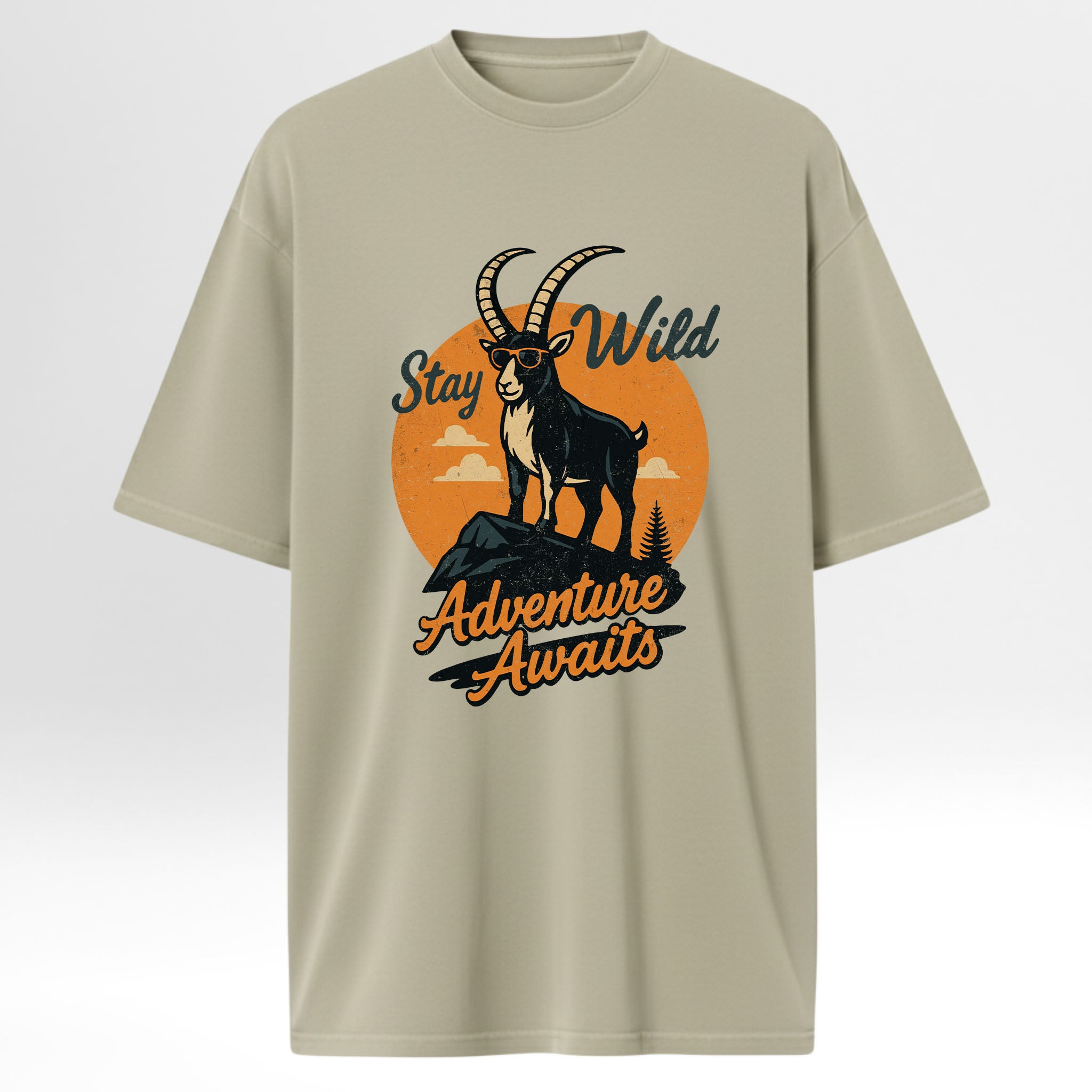 Beige hunting graphic t-shirt with a graphic of a goat and text 'Stay Wild Adventure Awaits' on a white background