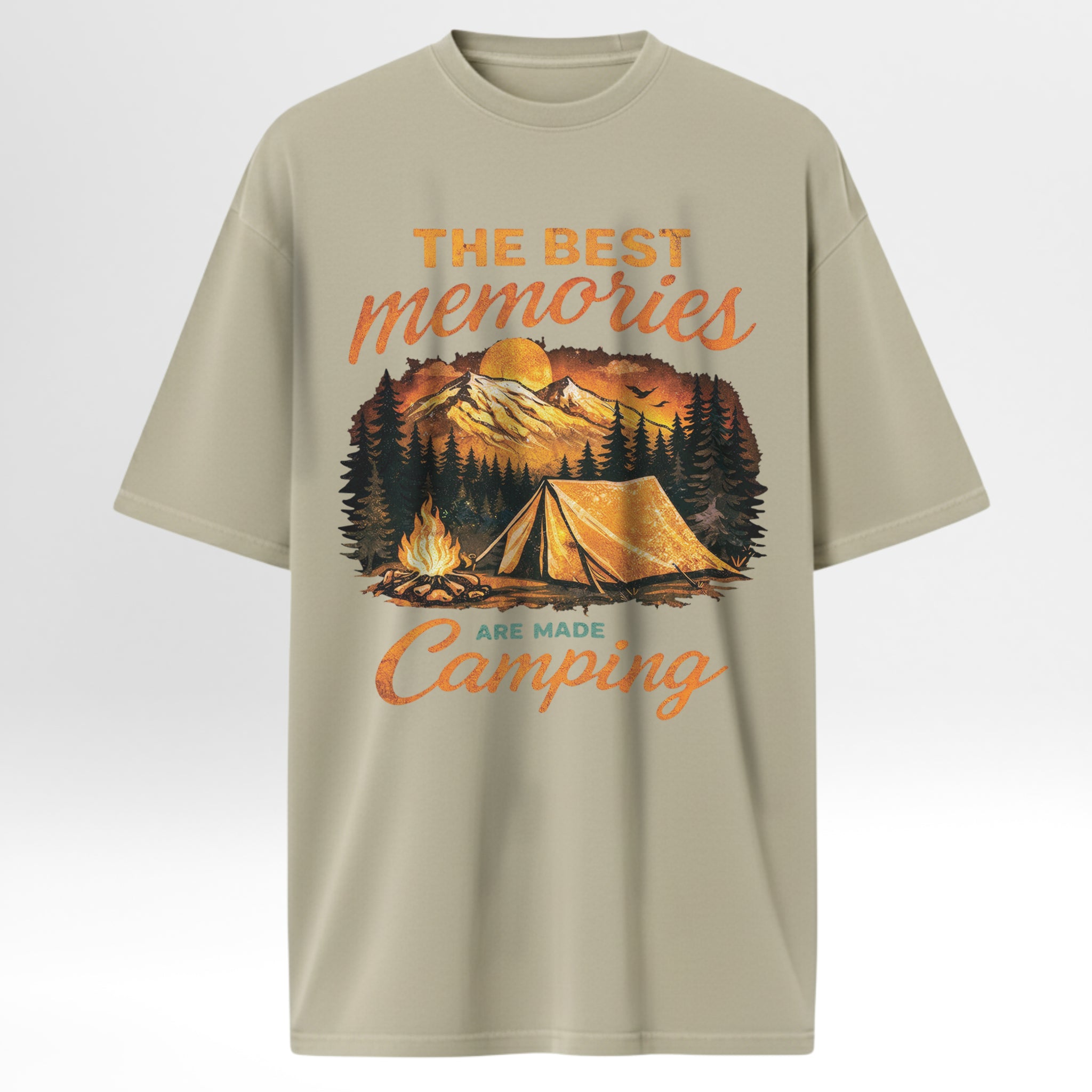 Beige camping t-shirt with camping graphic and text 'The Best Memories Are Made Camping'.