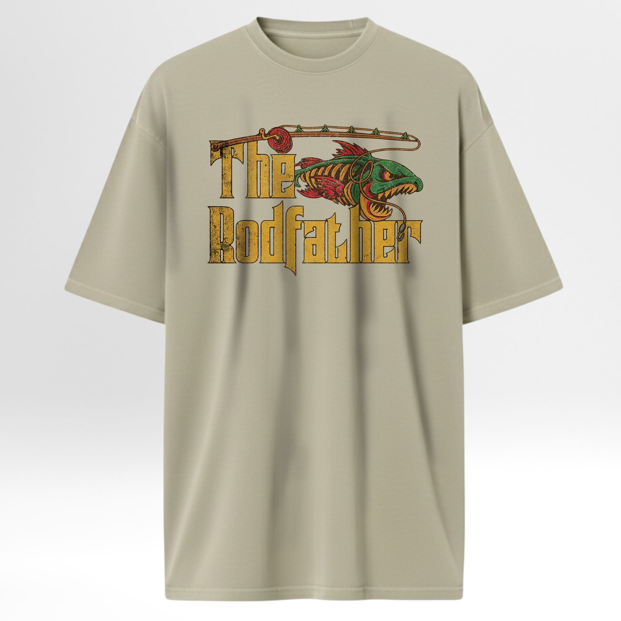 Beige fishing t-shirt with 'The Rodfather' graphic design.