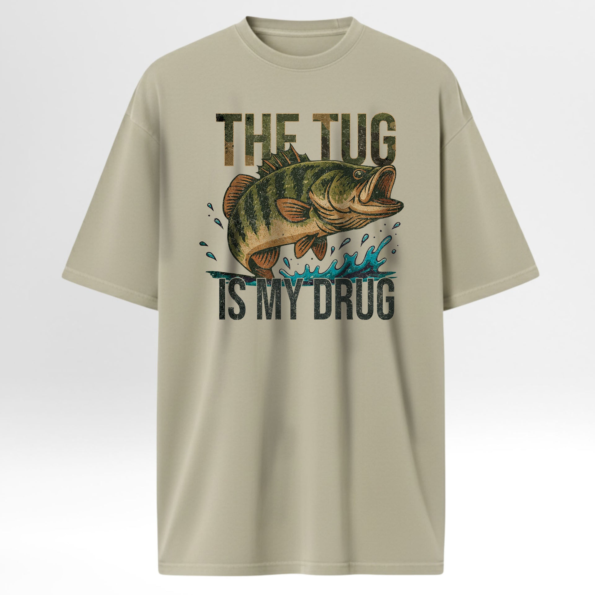 Beige fishing t-shirt with a fish graphic and text on a white background