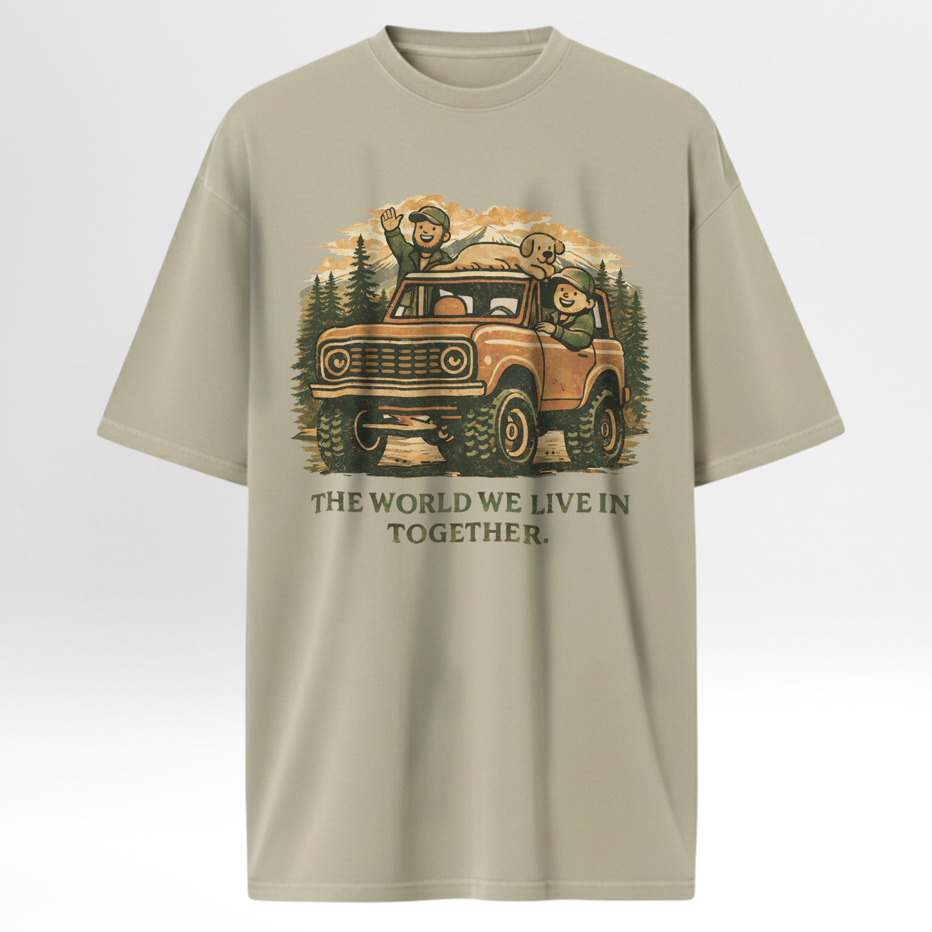 Beige outdoor t-shirt with graphic of a vintage truck and children in nature, text 'The World We Live In Together'.