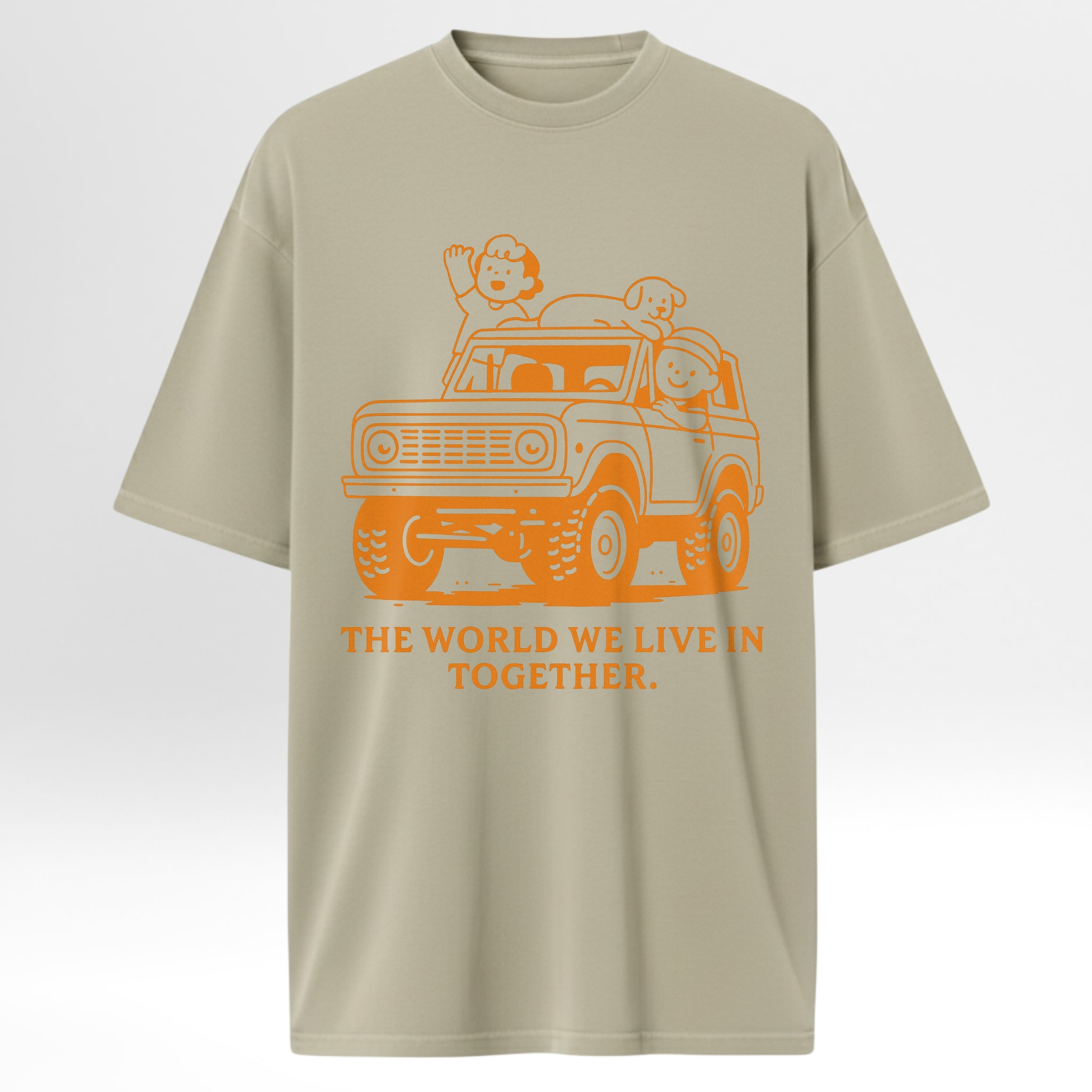 Beige trail graphic t-shirt with orange graphic and text 'The World We Live In Together' on a white background