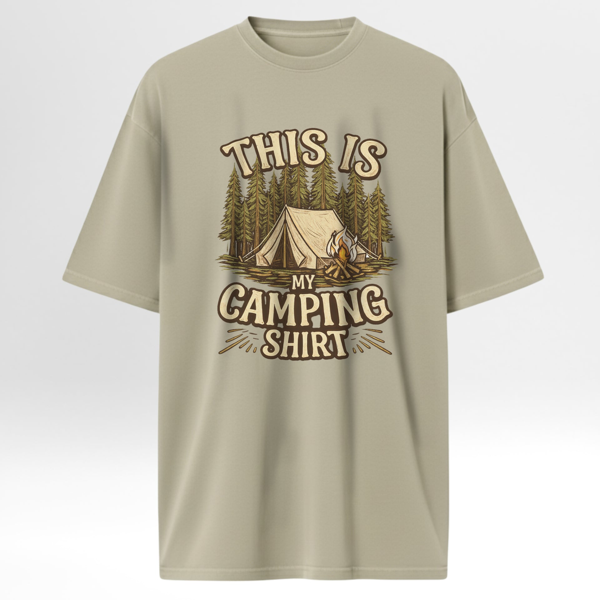 Beige t-shirt with camping graphic and text on a beige background