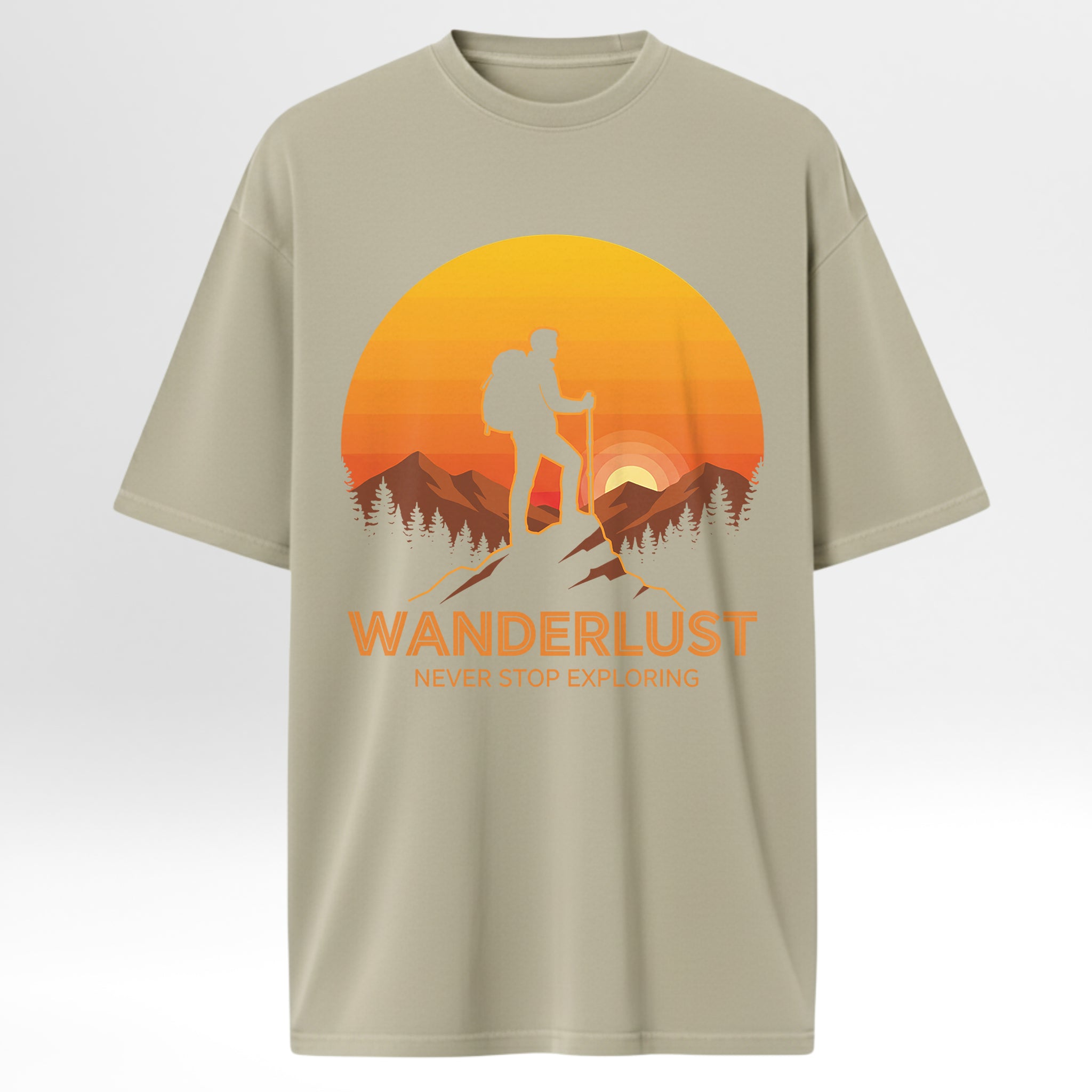 Beige trail graphic t-shirt with a 'Wanderlust' graphic design featuring a silhouette of a person with a backpack and hiking poles against an orange sunset.