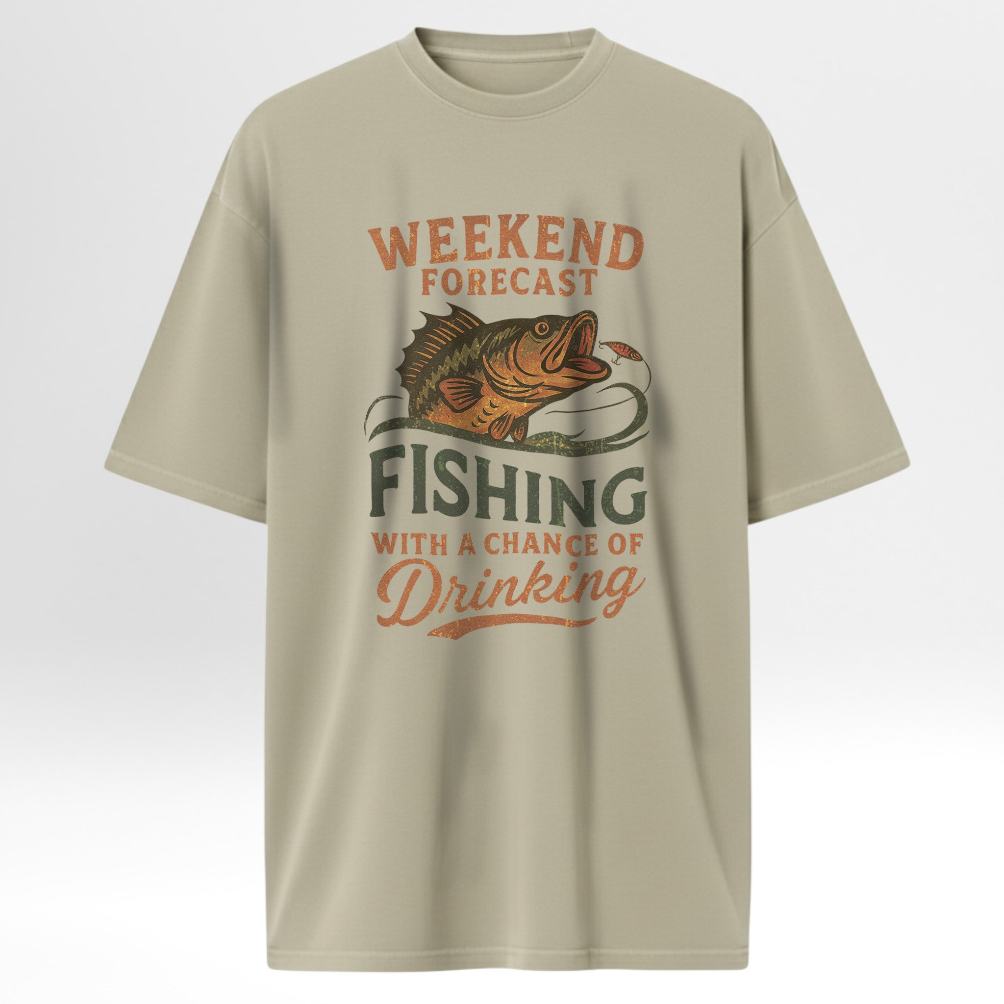 Beige fishing t-shirt with fishing graphic and text on a white background