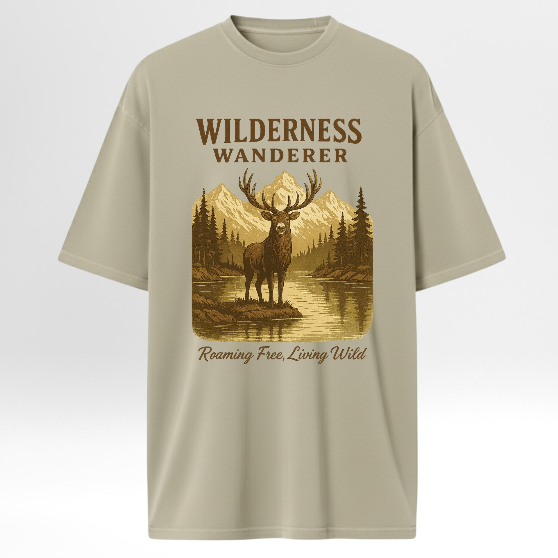 Beige hunting graphic t-shirt with a graphic of a deer and mountains, featuring the text 'Wilderness Wanderer'.