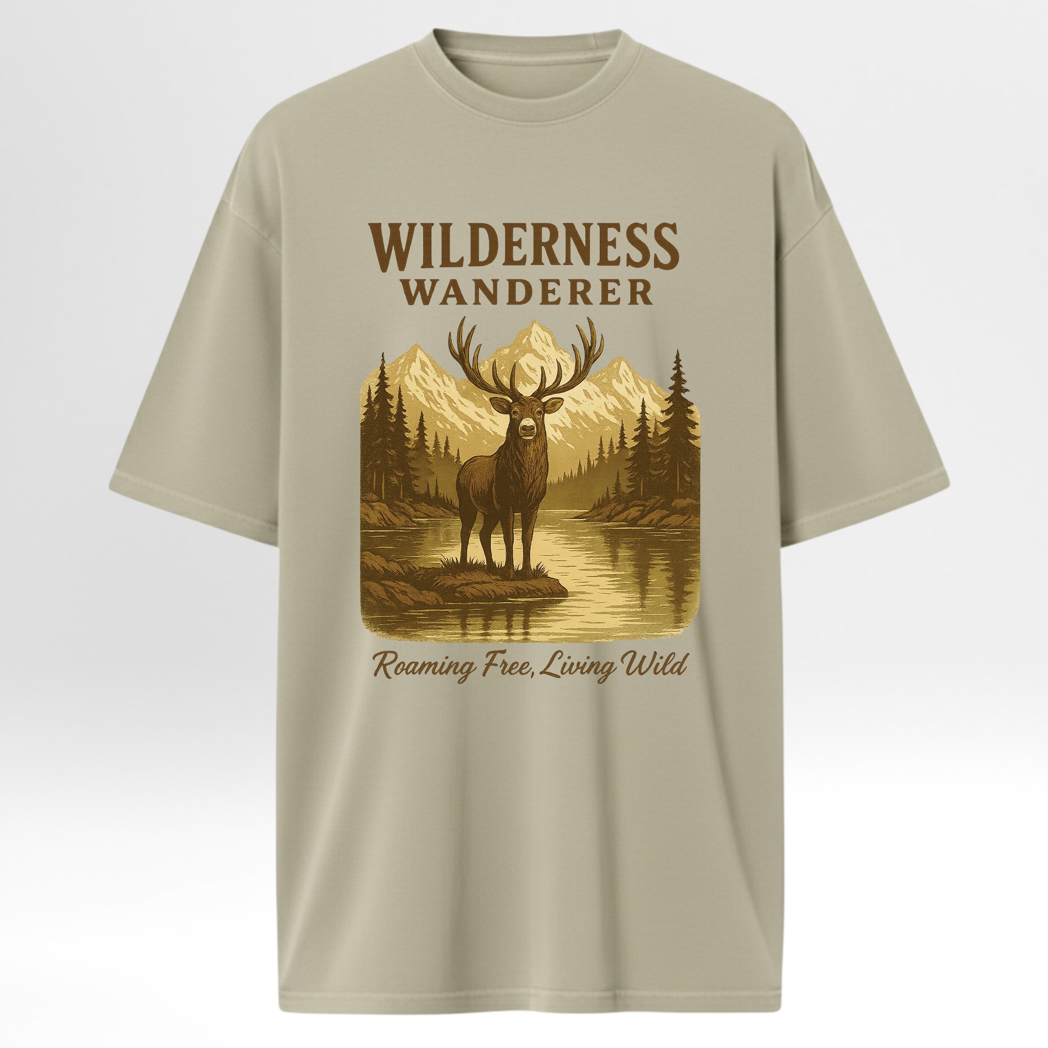 Beige hunting graphic t-shirt with a graphic of a deer and mountains, featuring the text 'Wilderness Wanderer'.