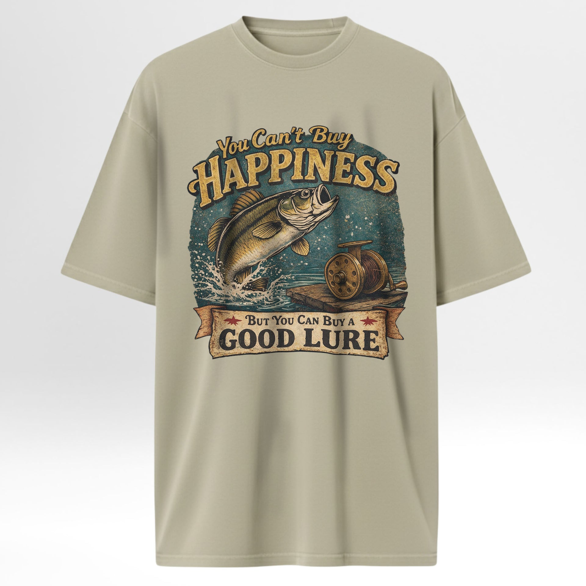 Beige fishing t-shirt with fishing graphic and text 'You Can't Buy Happiness But You Can Buy A Good Lure'.