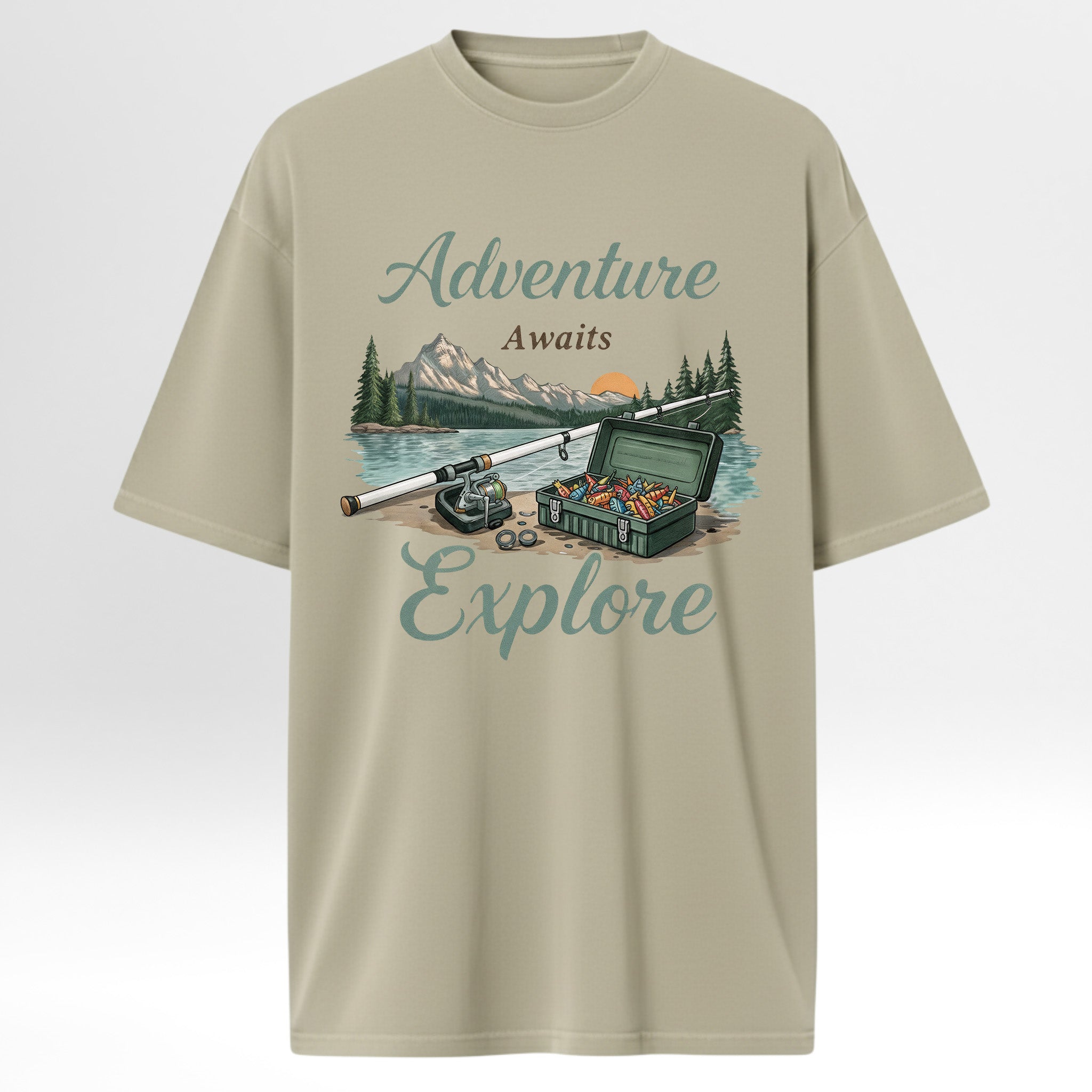 Beige fishing t-shirt with outdoor-themed graphic and 'Adventure Awaits Explore' text.