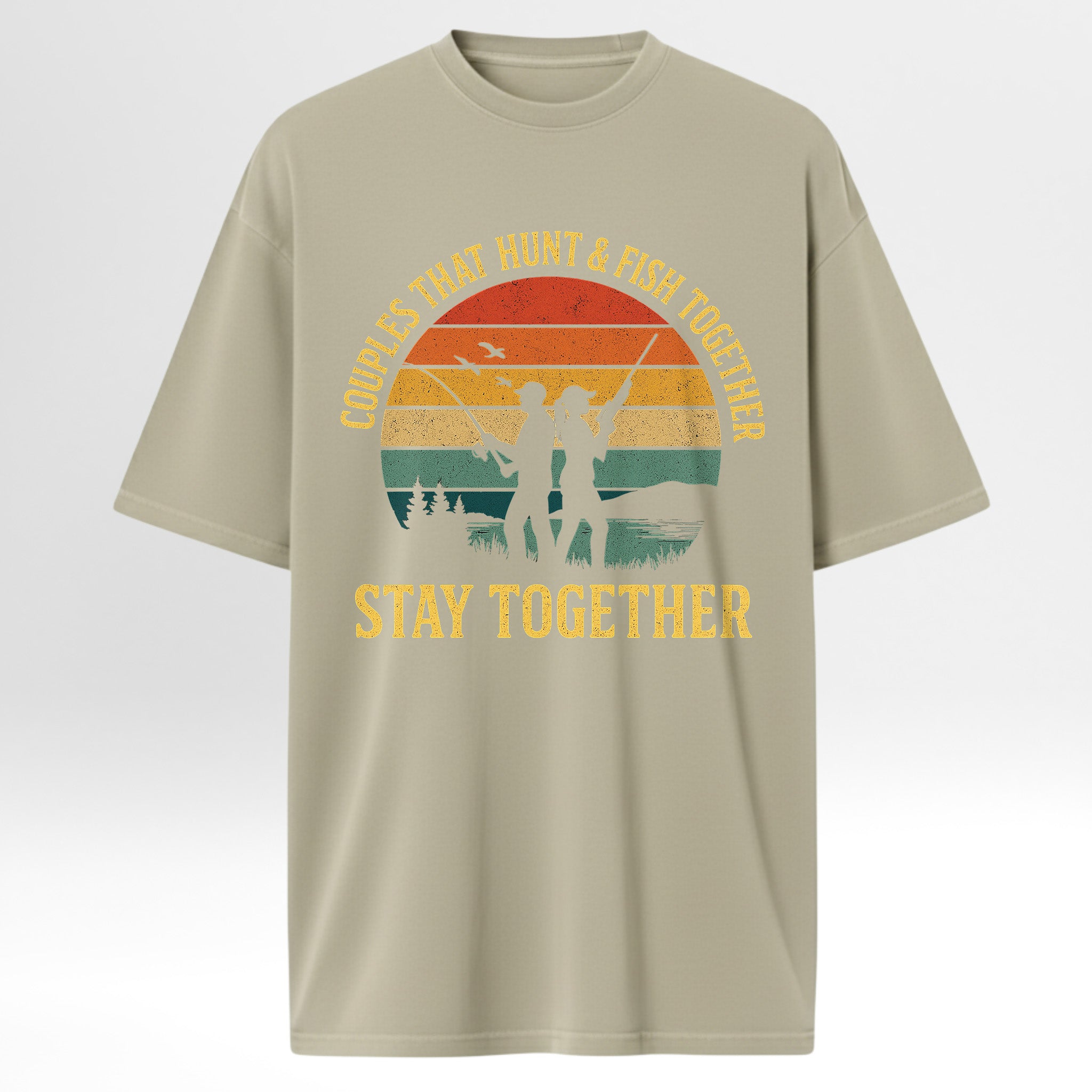 Beige fishing t-shirt with fishing graphic and text 'Couples That Hunt & Fish Together Stay Together'