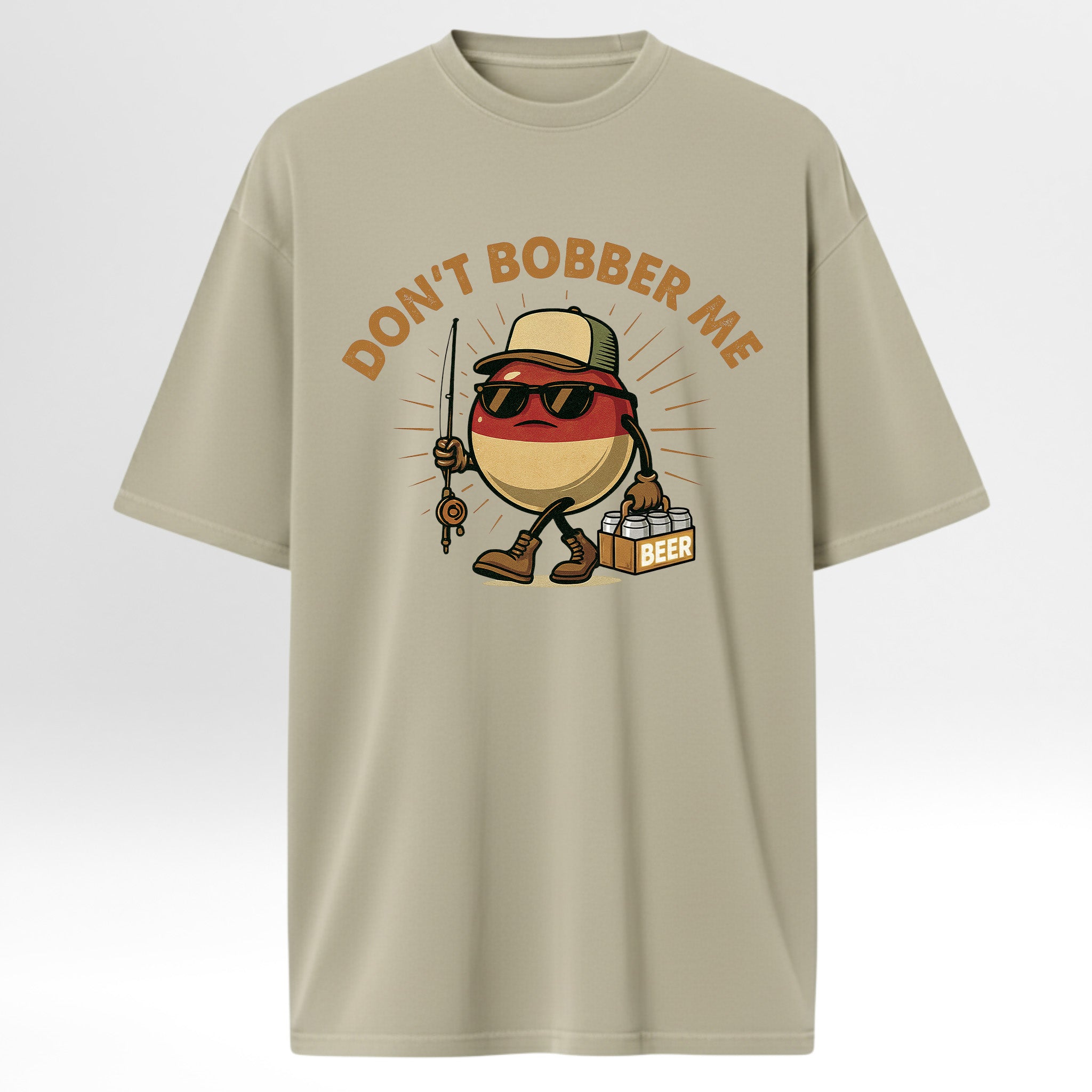 Beige fishing t-shirt with a graphic design of a potato wearing sunglasses with text 'Don't Bobber Me'