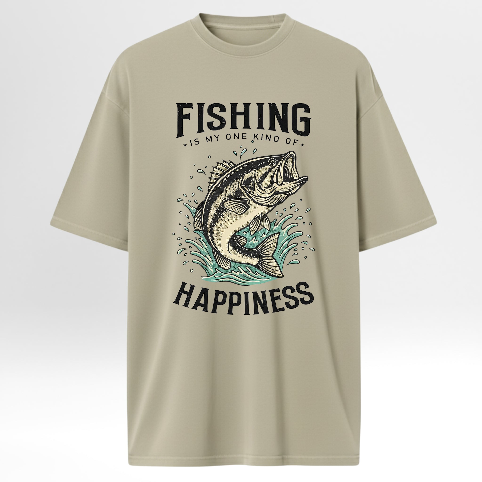 Beige fishing t-shirt with fishing graphic and text 'Fishing Is My One Kind Of Happiness'