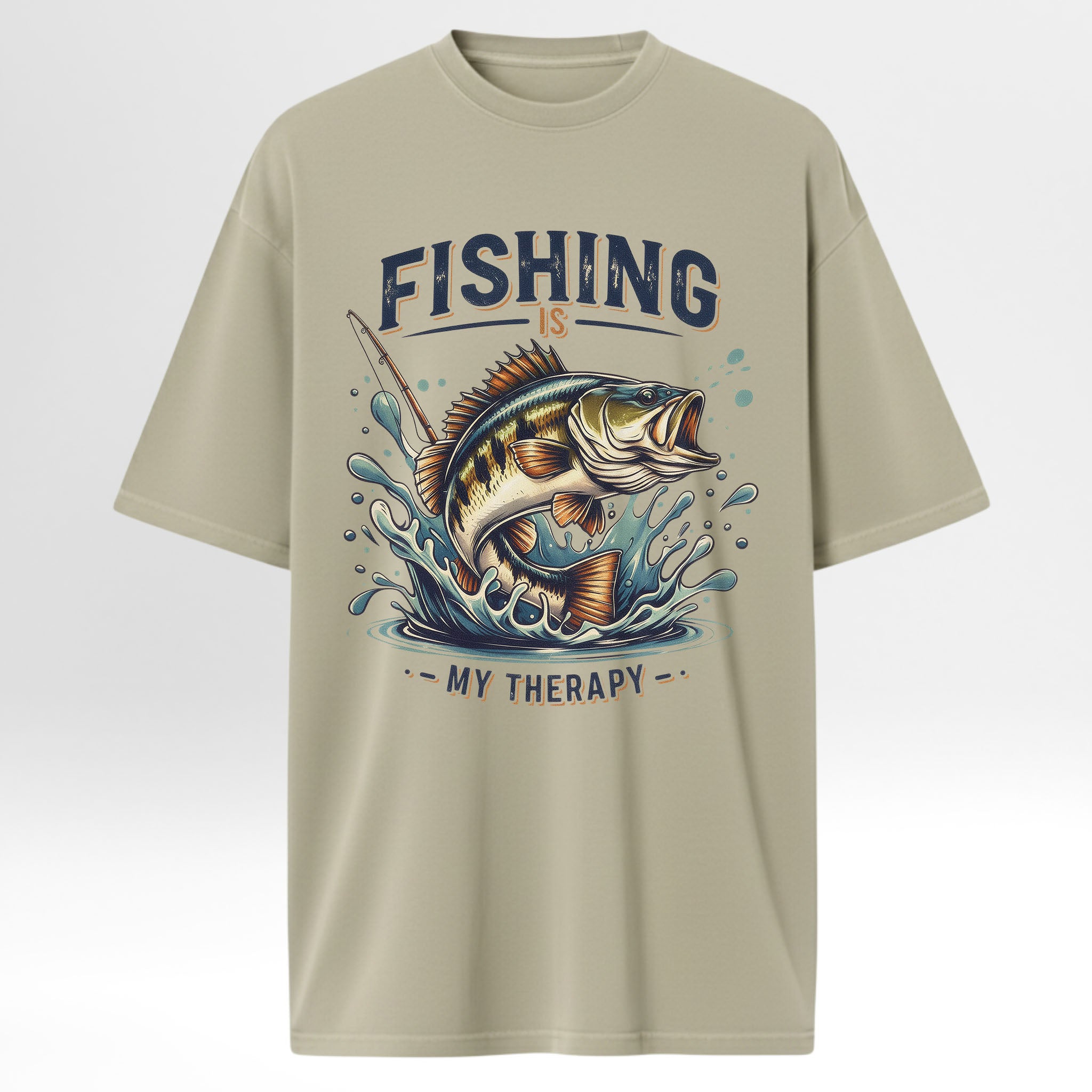 Beige fishing t-shirt with a fish graphic and text 'Fishing Is My Therapy'
